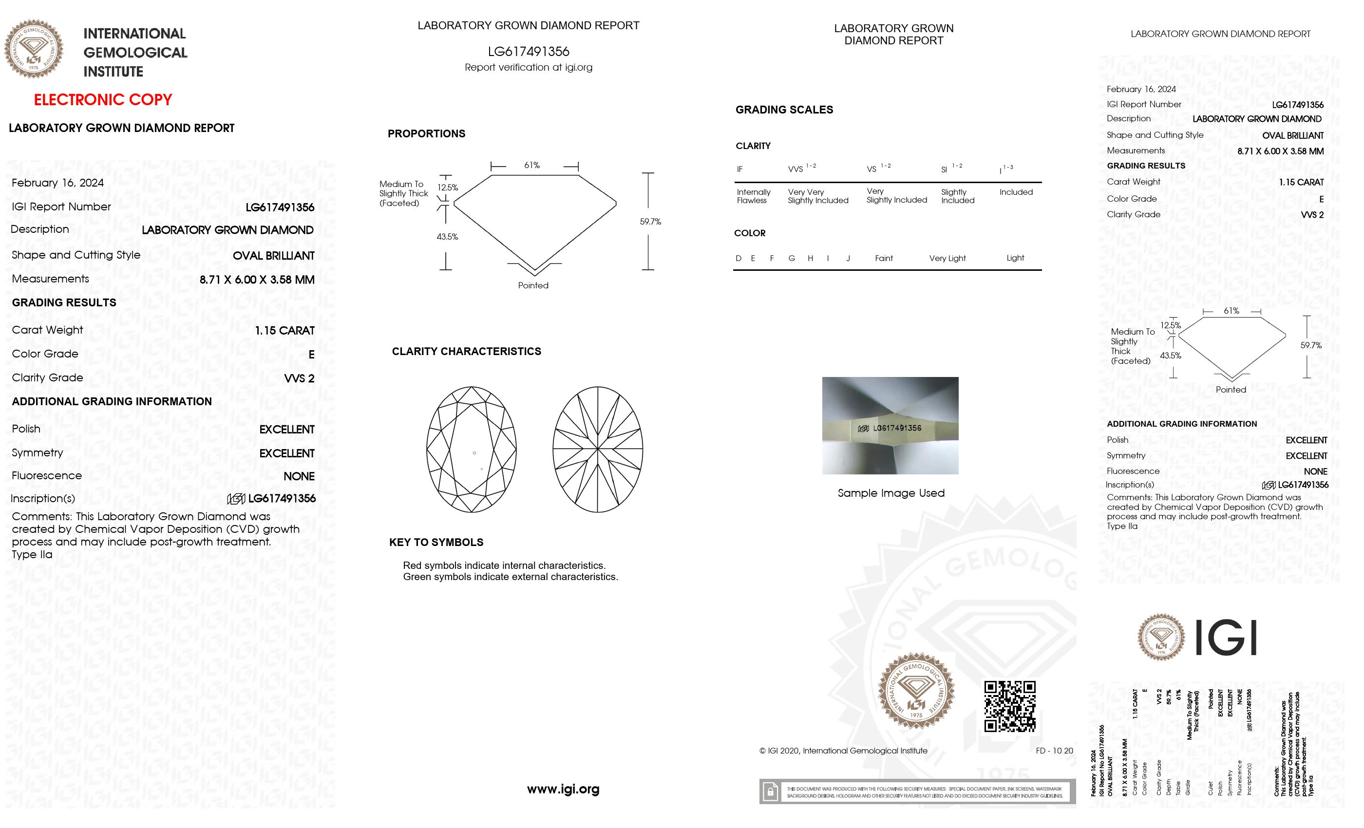 1.15 ct. Oval Wholesale IGI Certified Lab Grown Loose Diamond. (VVS2 / E)