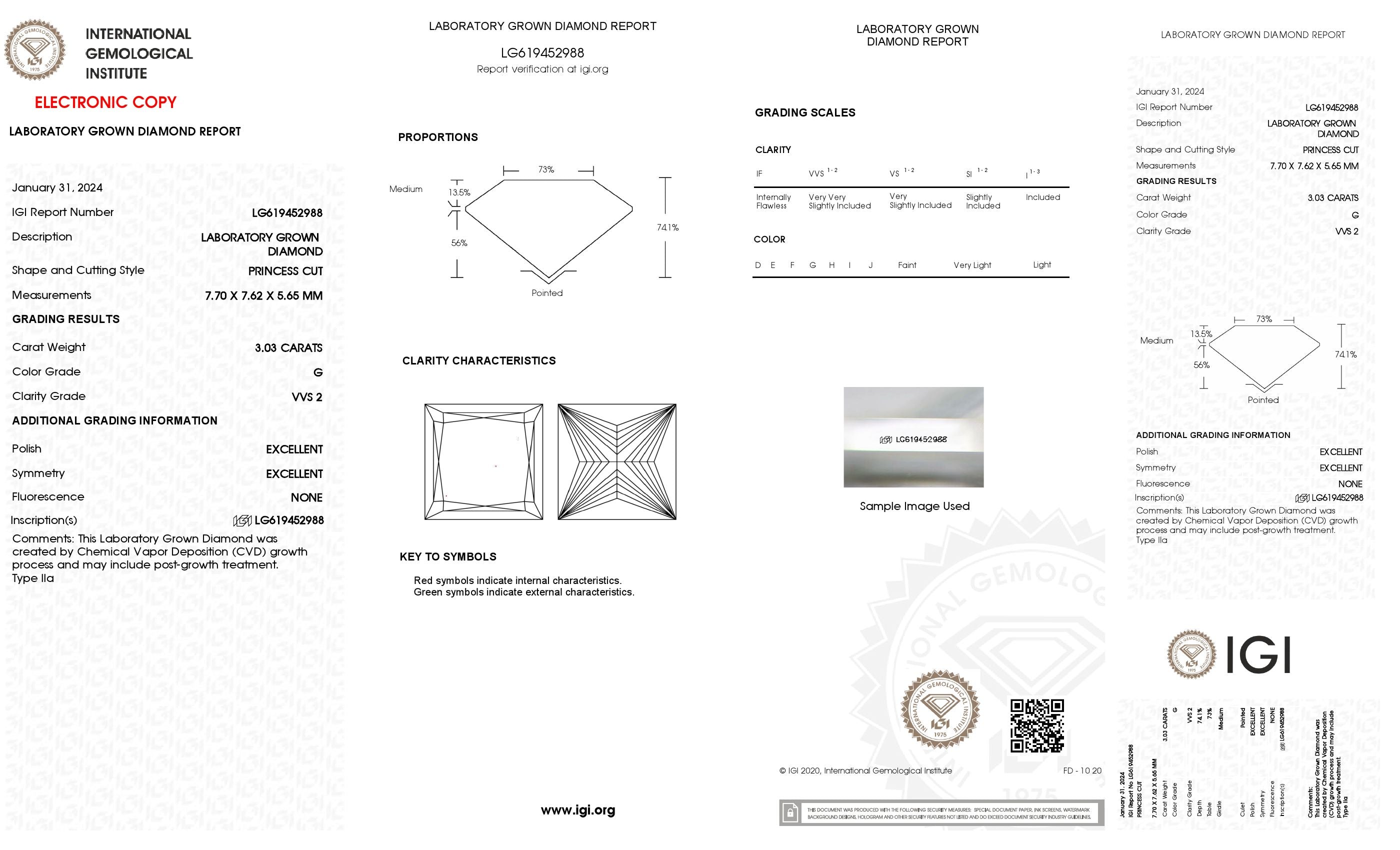 3.03 Ct. Princess Wholesale IGI Certified Lab Grown Loose Diamond. (VVS2 / G)