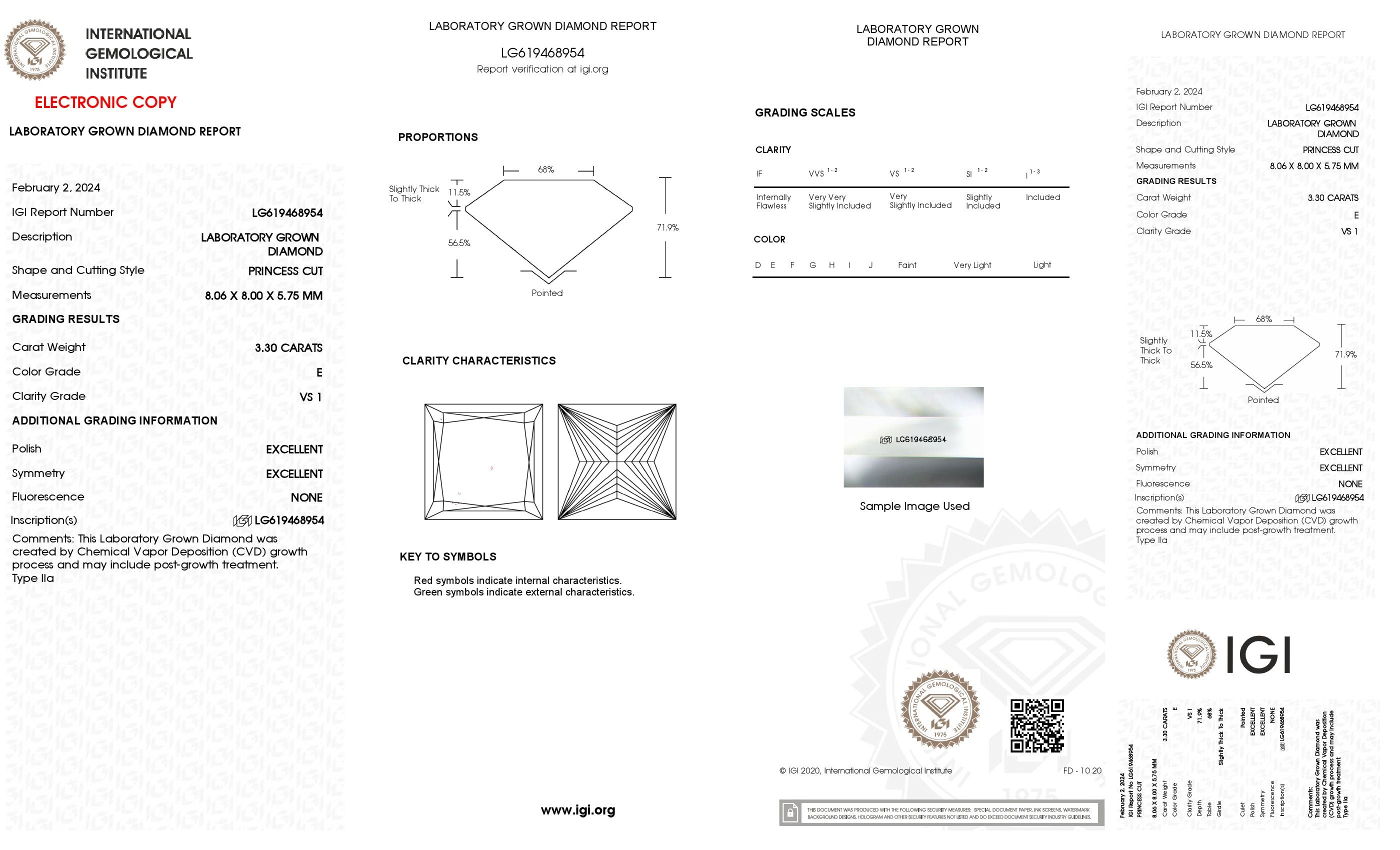 3.3 Ct. Princess Wholesale IGI Certified Lab Grown Loose Diamond. (VS1 / E)