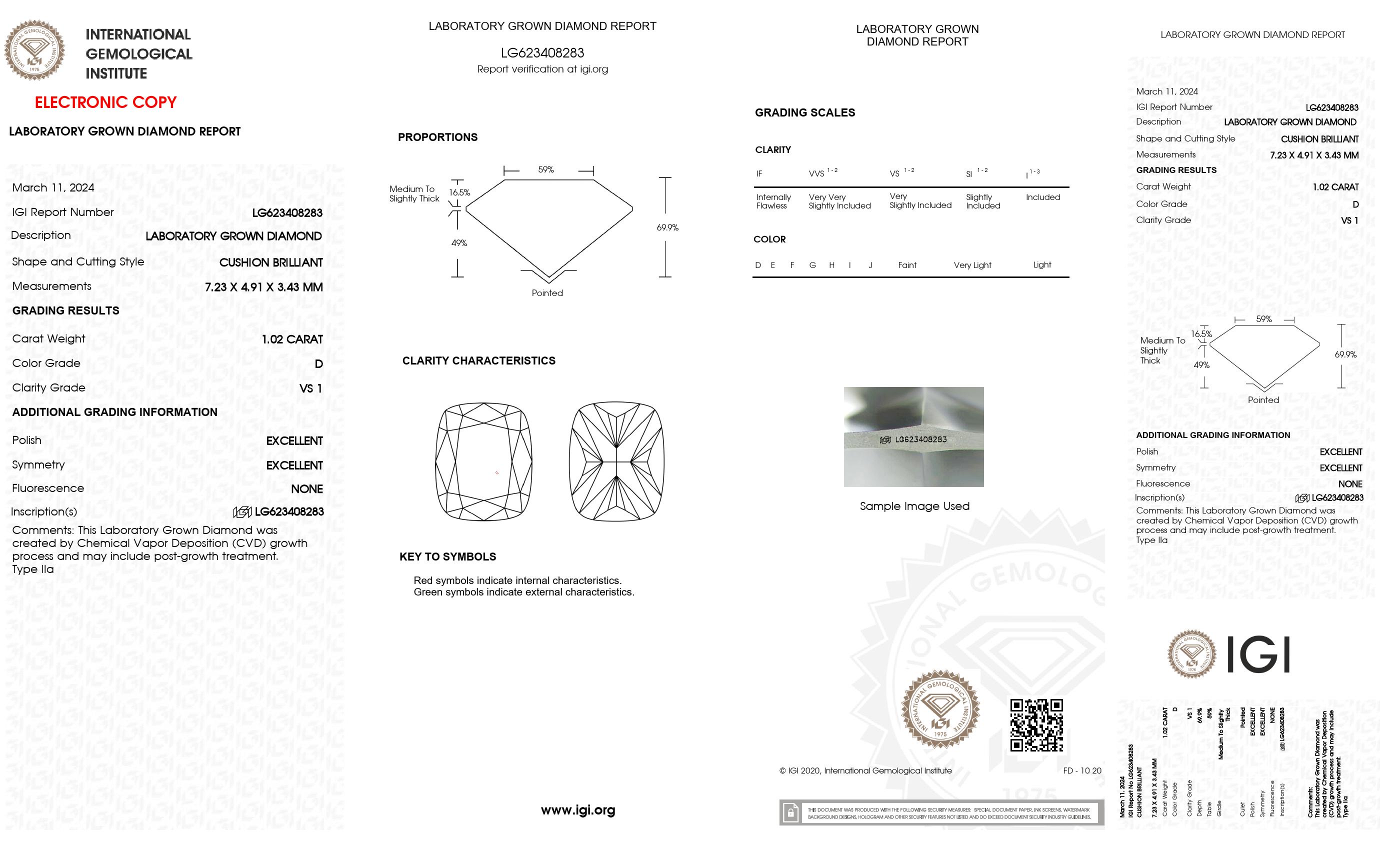 1.02 ct. Cushion Long Wholesale IGI Certified Lab Grown Loose Diamond. (VS1 / D)