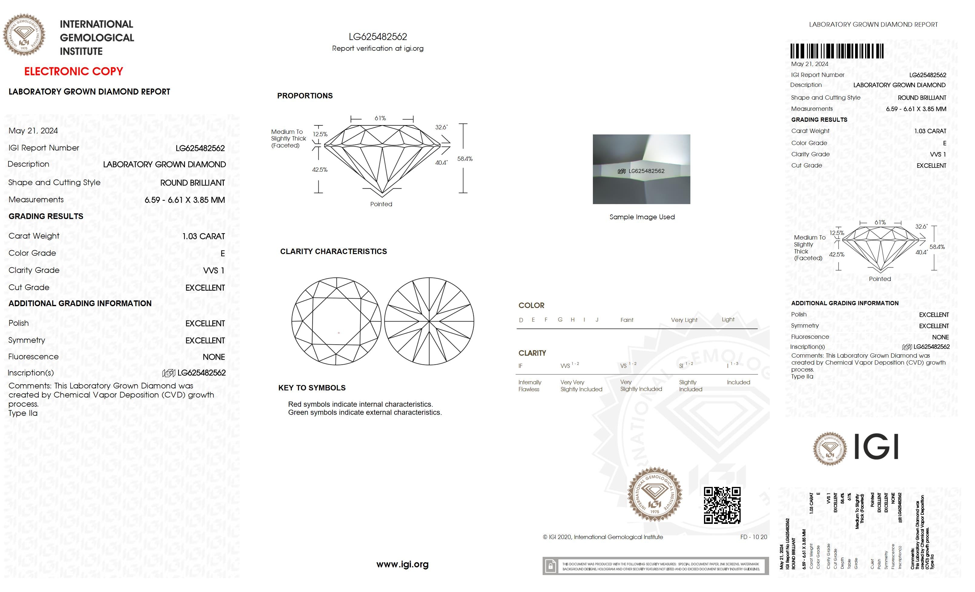 1.03 Ct. Round Wholesale IGI Certified Lab Grown Loose Diamond. (VVS1 / E)