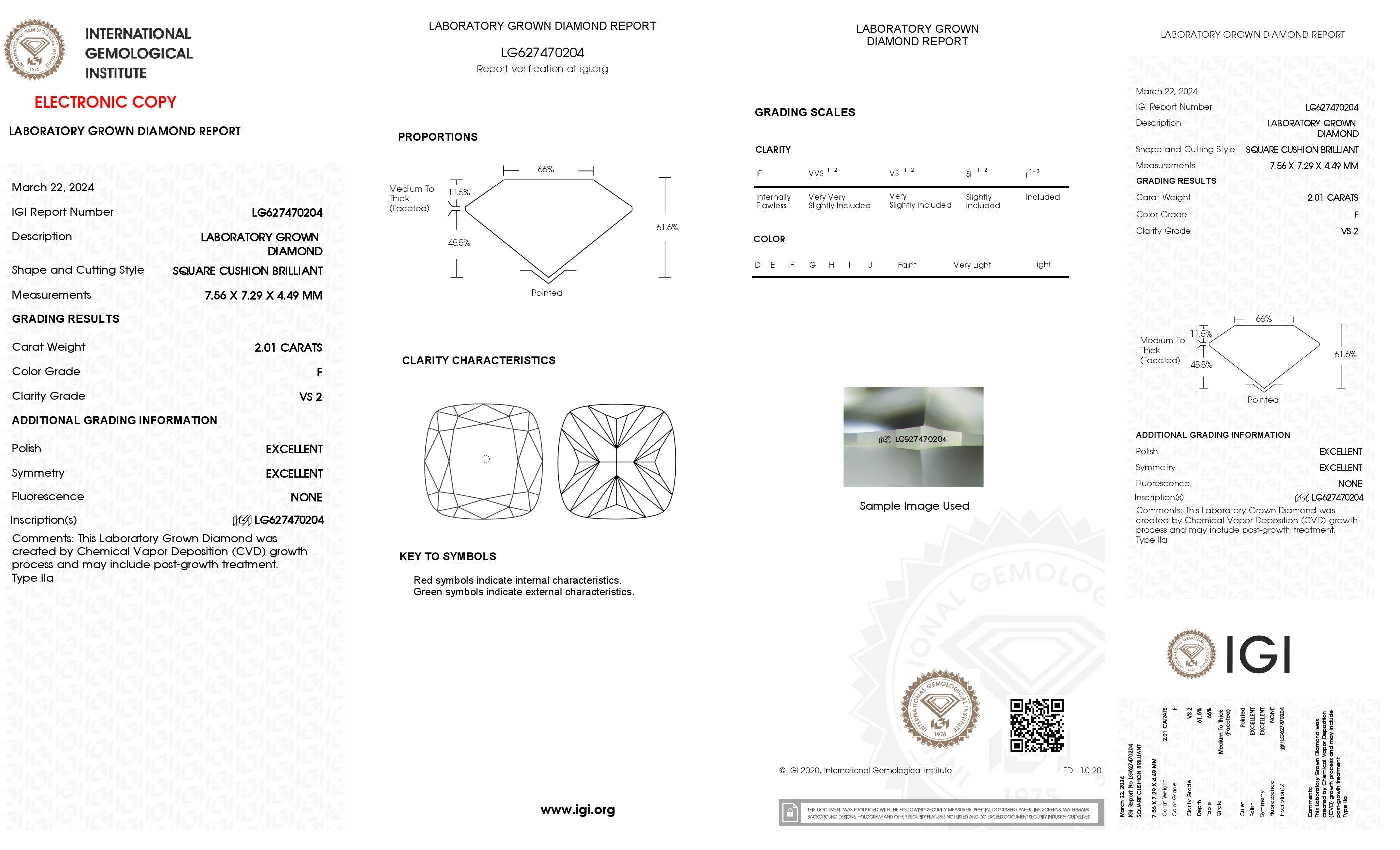2.01 Ct. Cushion Wholesale IGI Certified Lab Grown Loose Diamond. (VS2 / F)