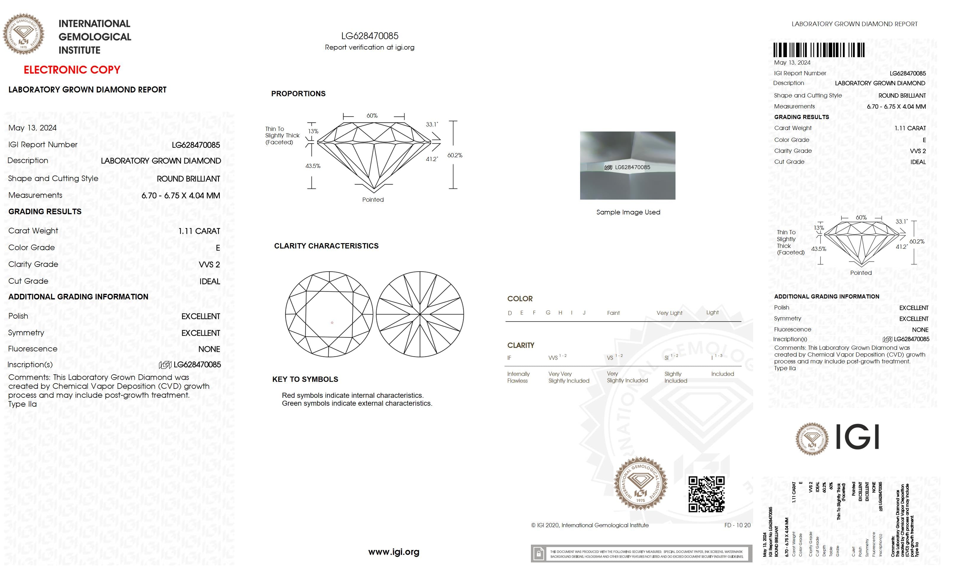 1.11 Ct. Round Wholesale IGI Certified Lab Grown Loose Diamond. (VVS2 / E)