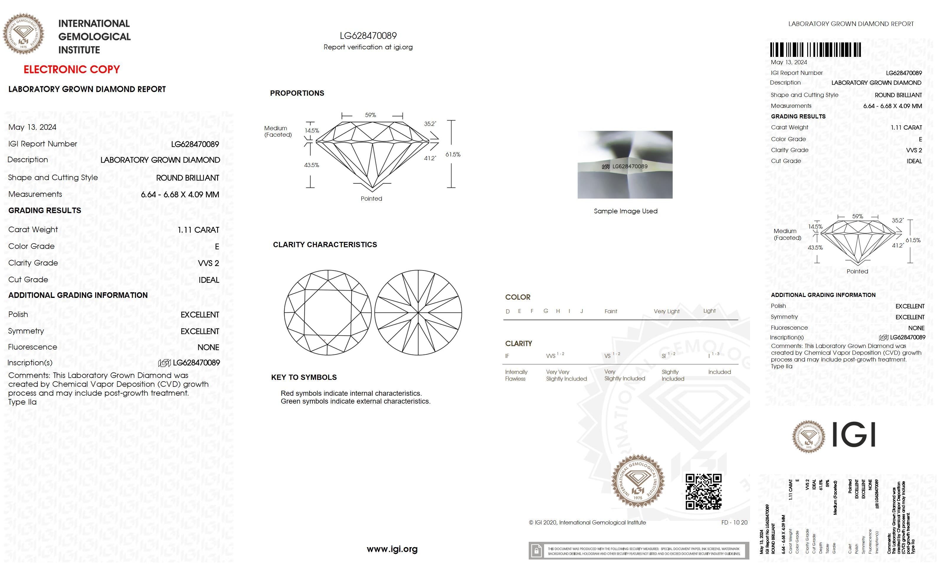 1.11 Ct. Round Wholesale IGI Certified Lab Grown Loose Diamond. (VVS2 / E)