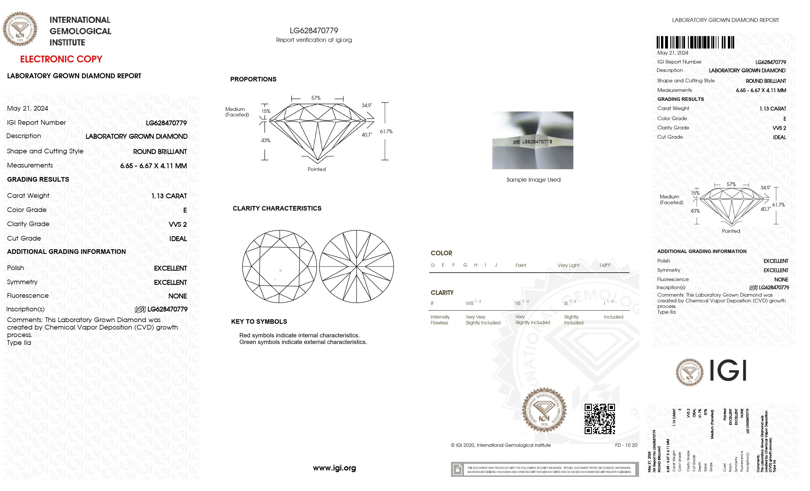 1.13 Ct. Round Wholesale IGI Certified Lab Grown Loose Diamond. (VVS2 / E)