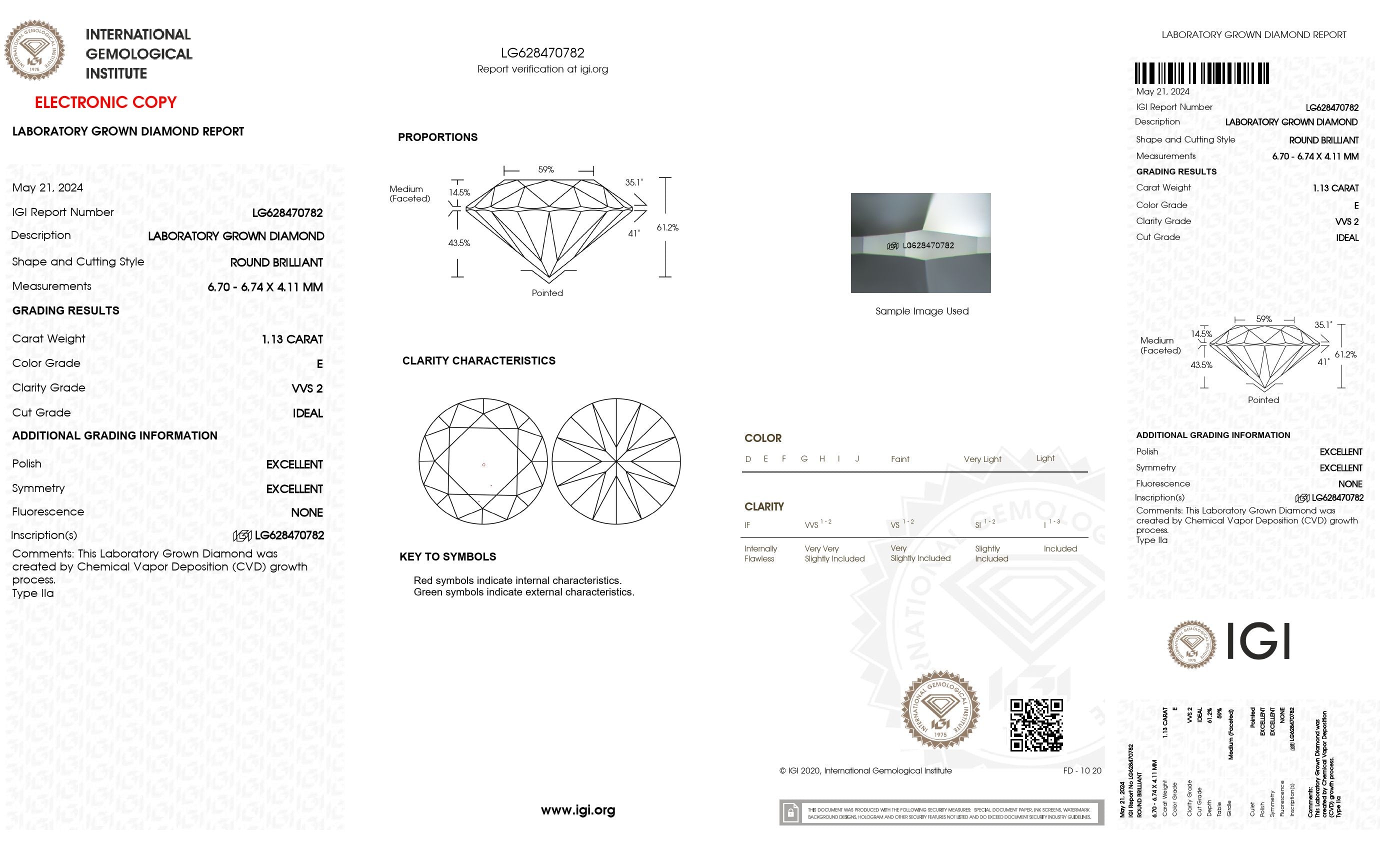 1.13 ct. Round Wholesale IGI Certified Lab Grown Loose Diamond. (VVS2 / E)