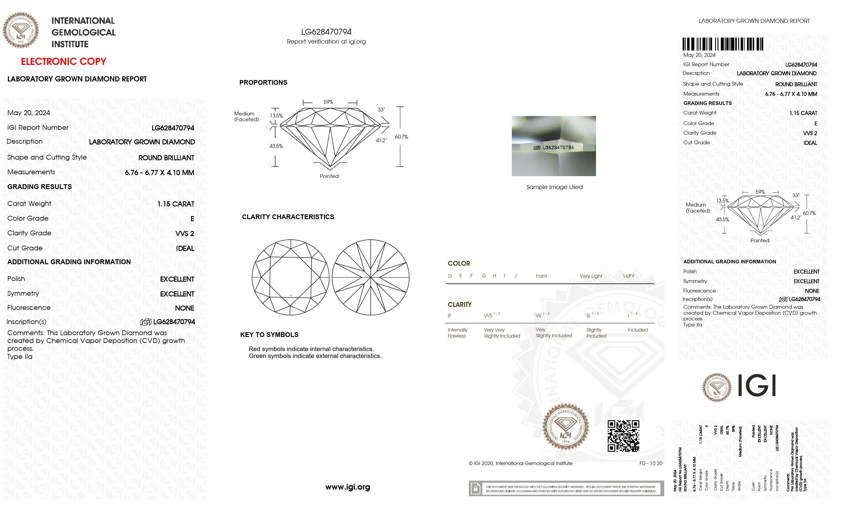 1.15 ct. Round Wholesale IGI Certified Lab Grown Loose Diamond. (VVS2 / E)