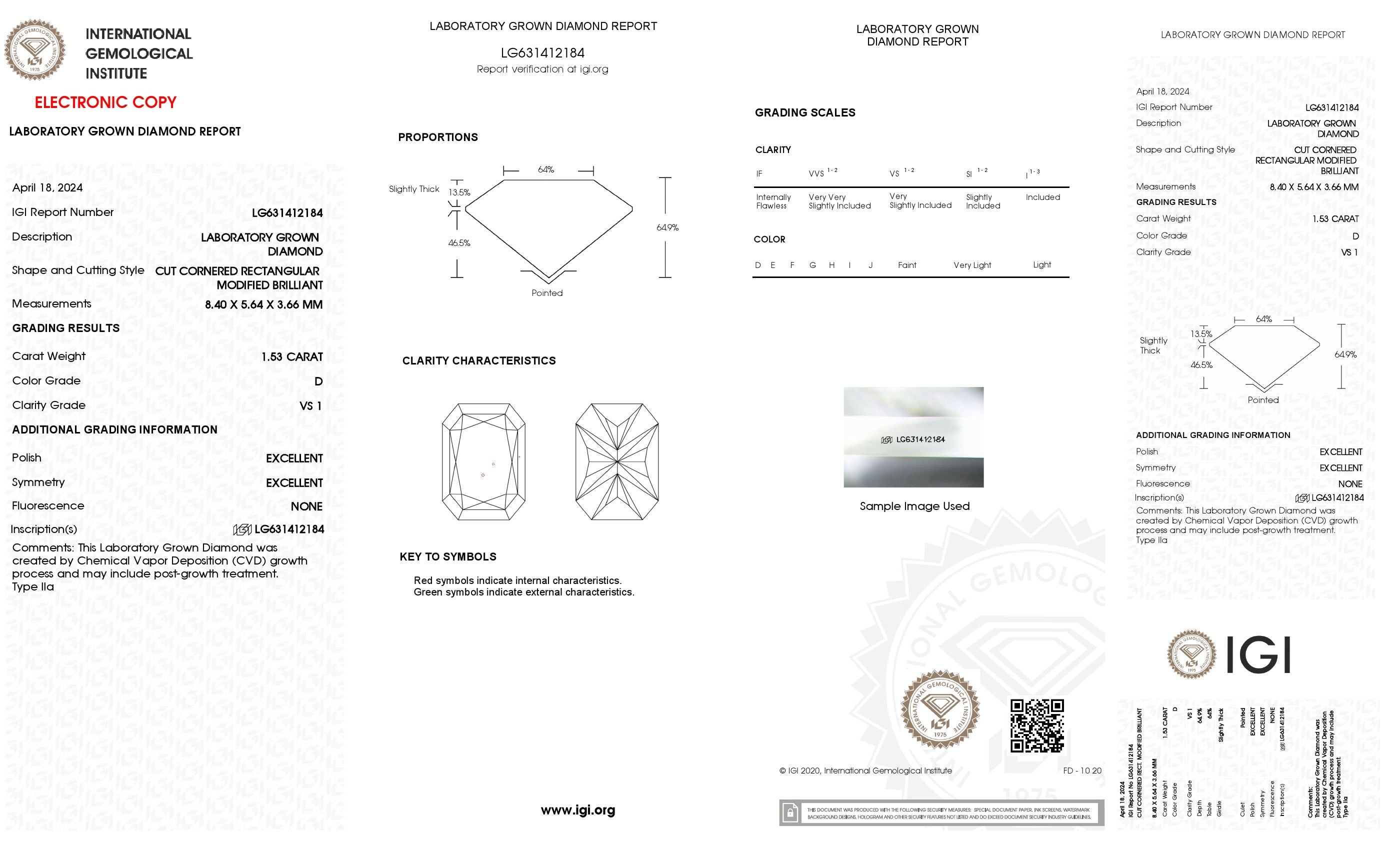 1.53 ct. Radiant Wholesale IGI Certified Lab Grown Loose Diamond. (VS1 / D)