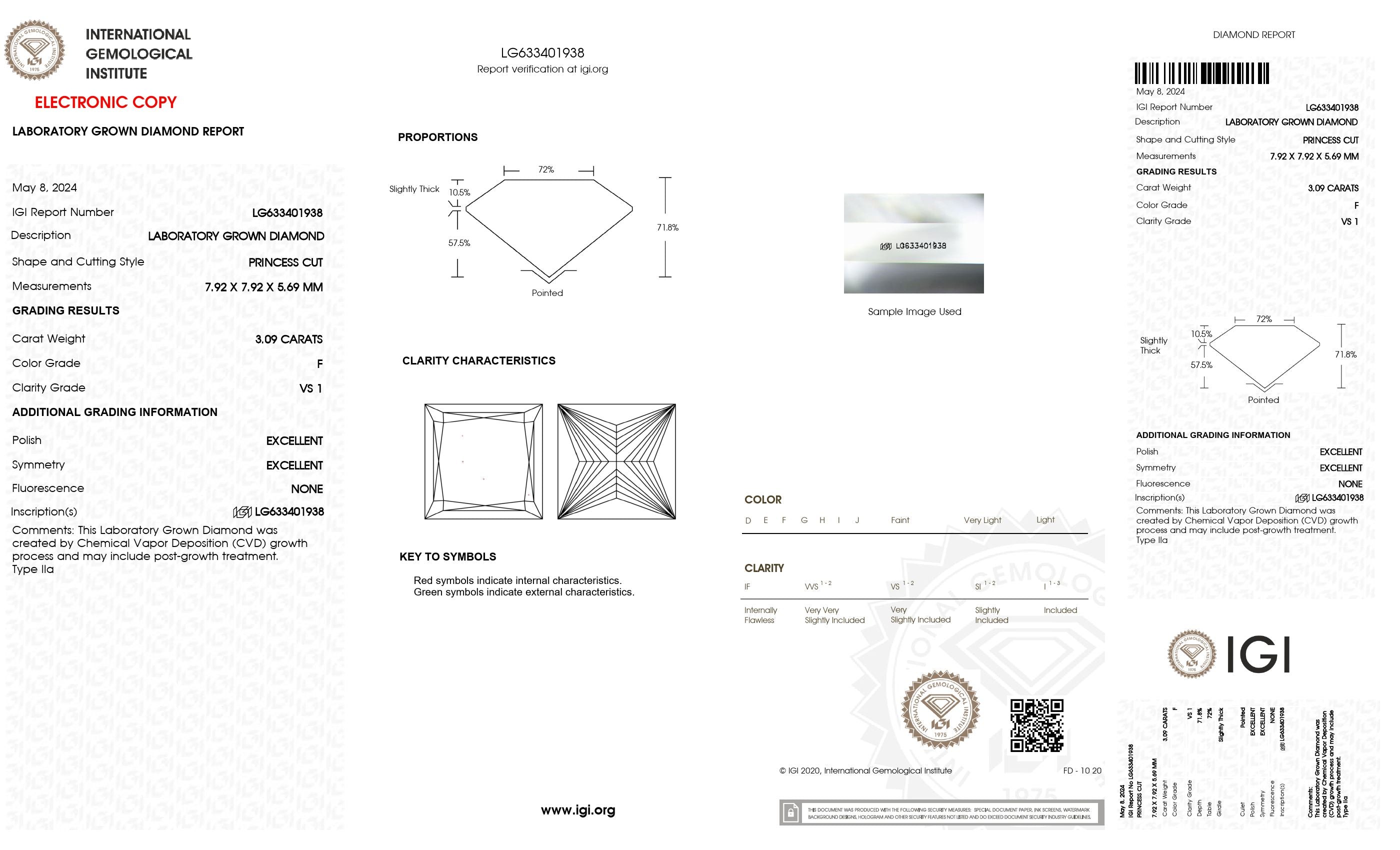 3.09 Ct. Princess Wholesale IGI Certified Lab Grown Loose Diamond. (VS1 / F)