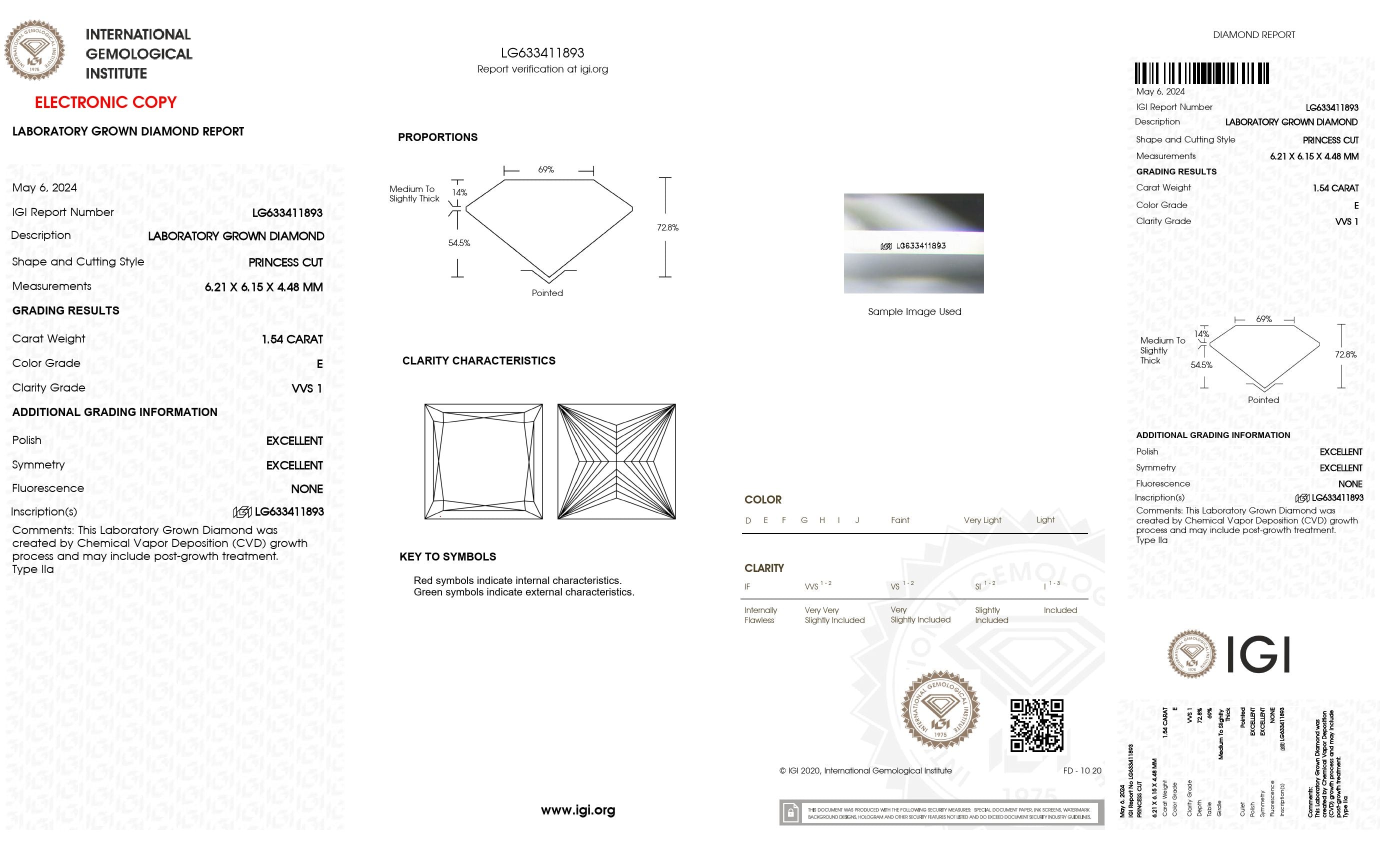 1.54 ct. Princess Wholesale IGI Certified Lab Grown Loose Diamond. (VVS1 / E)
