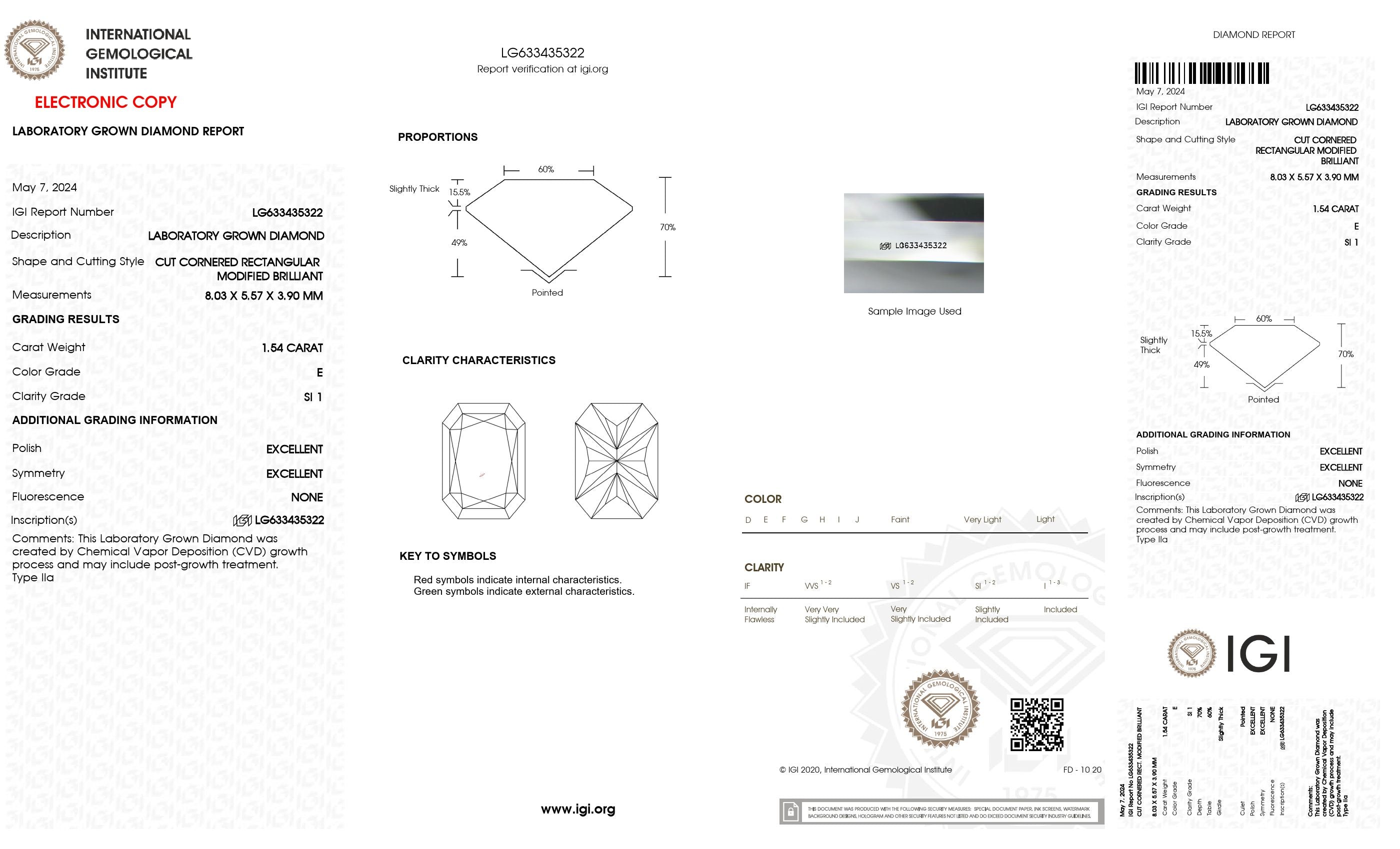 1.54 Ct. Radiant Wholesale IGI Certified Lab Grown Loose Diamond. (SI1 / E)