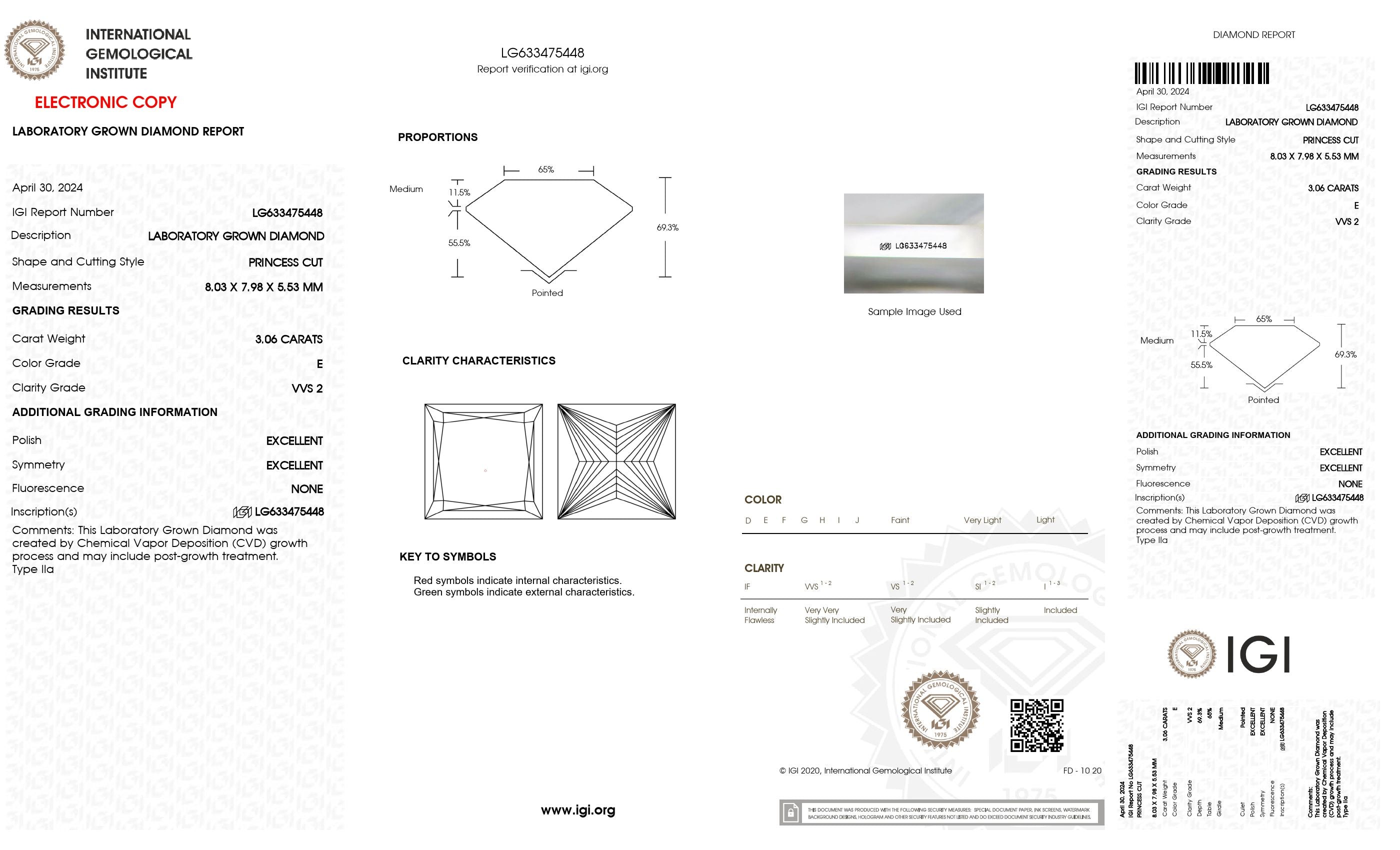 3.06 Ct. Princess Wholesale IGI Certified Lab Grown Loose Diamond. (VVS2 / E)