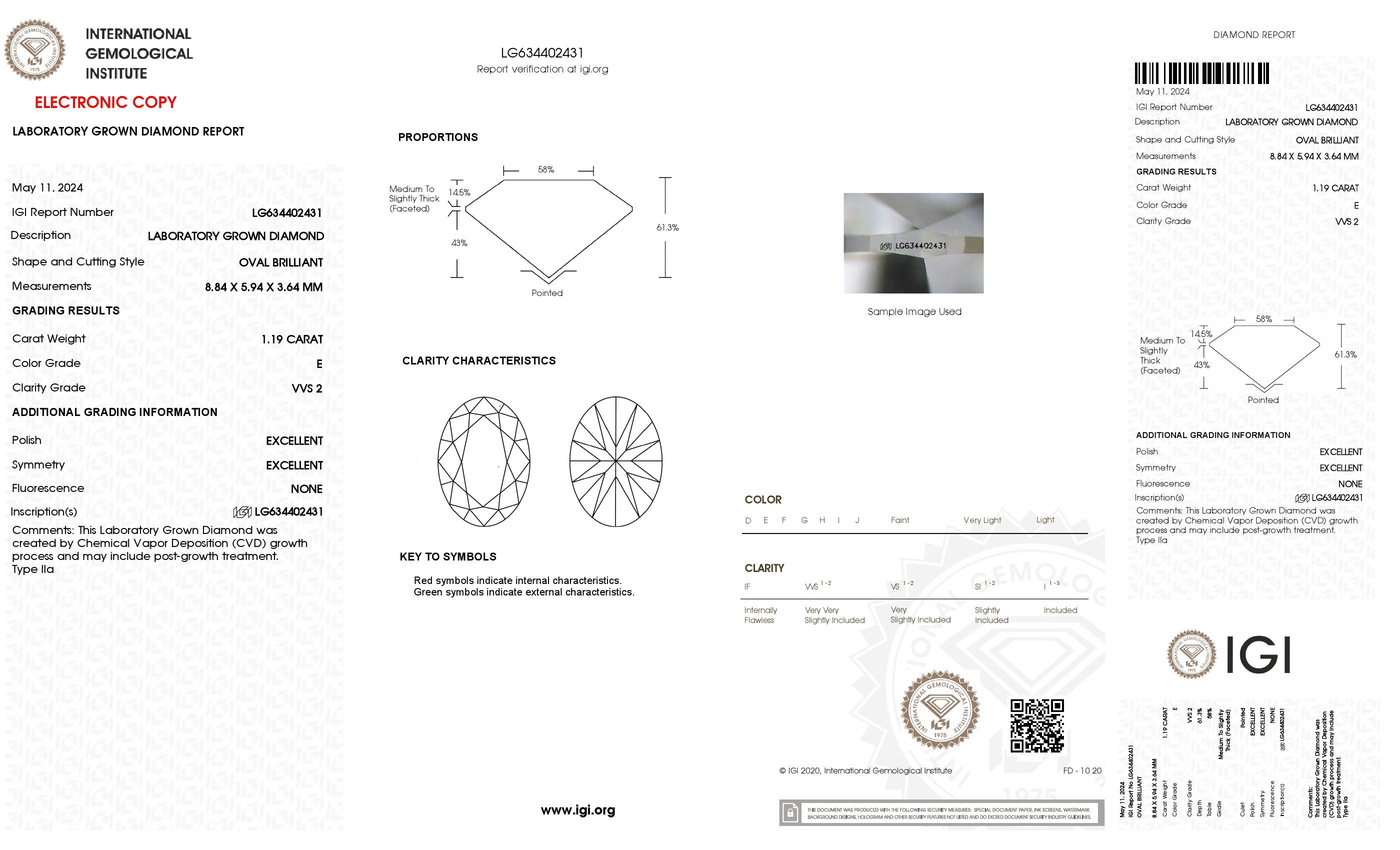 1.19 ct. Oval Wholesale IGI Certified Lab Grown Loose Diamond. (VVS2 / E)