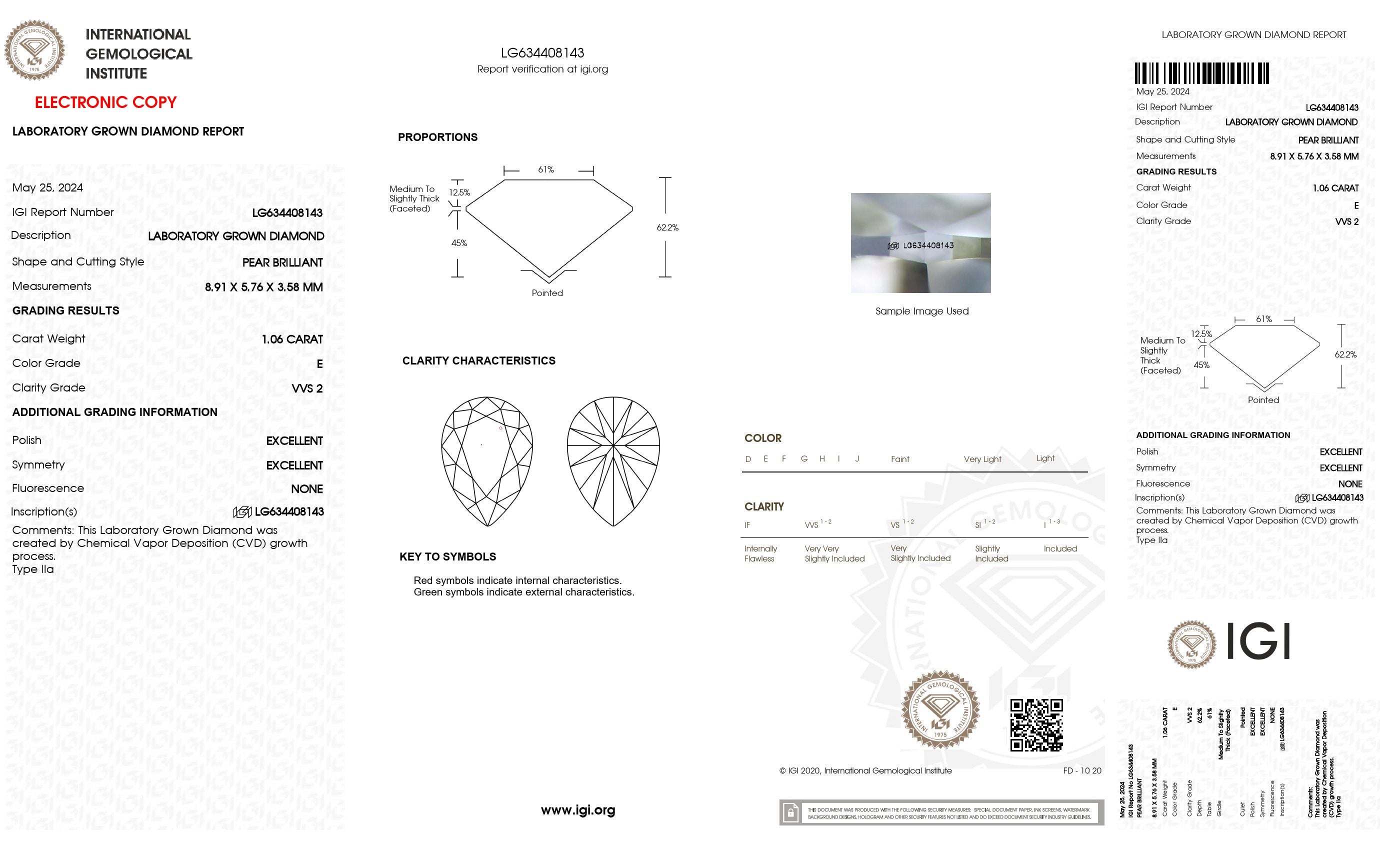 1.06 Ct. Pear Wholesale IGI Certified Lab Grown Loose Diamond. (VVS2 / E)