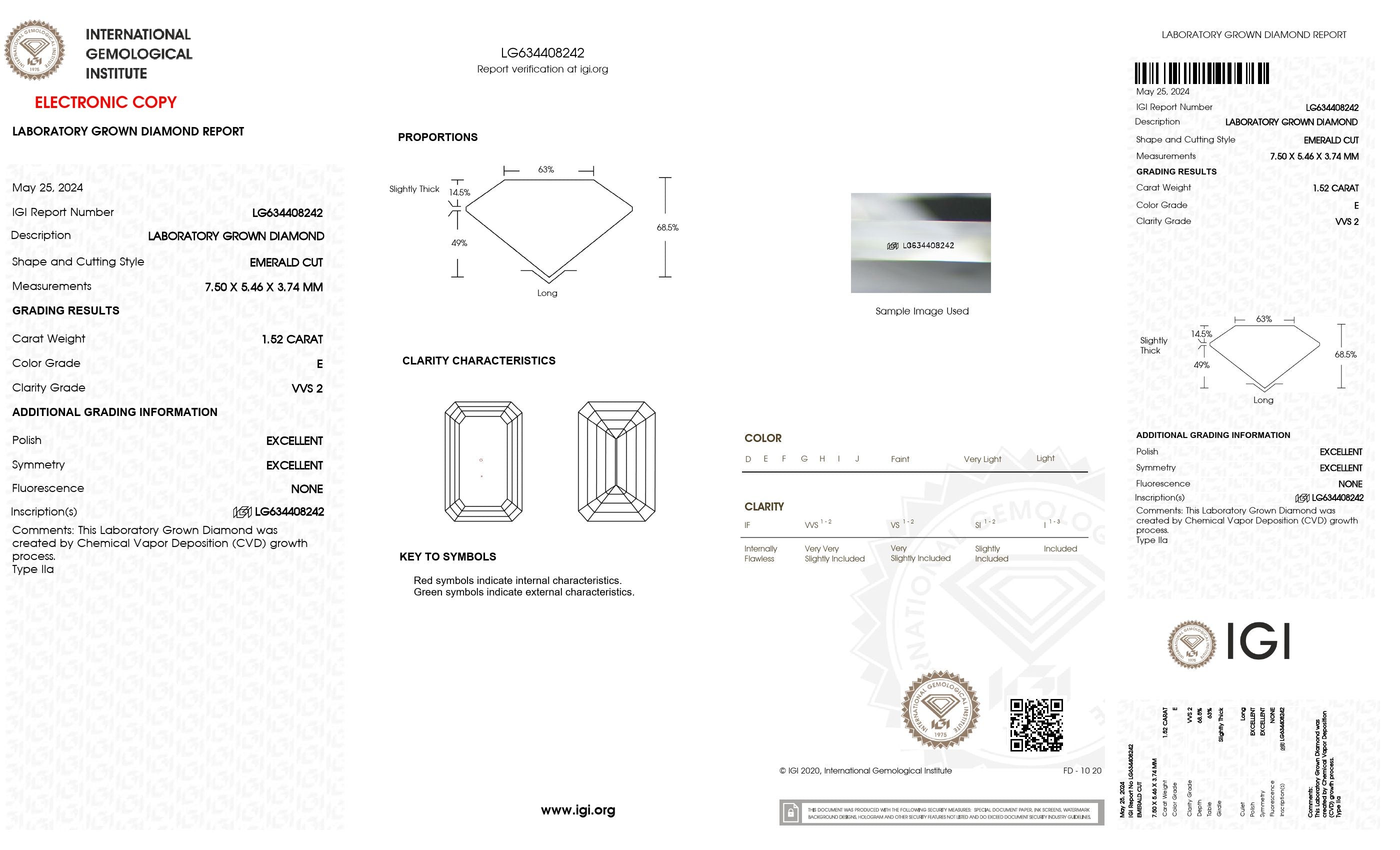 1.52 ct. Emerald Wholesale IGI Certified Lab Grown Loose Diamond. (VVS2 / E)