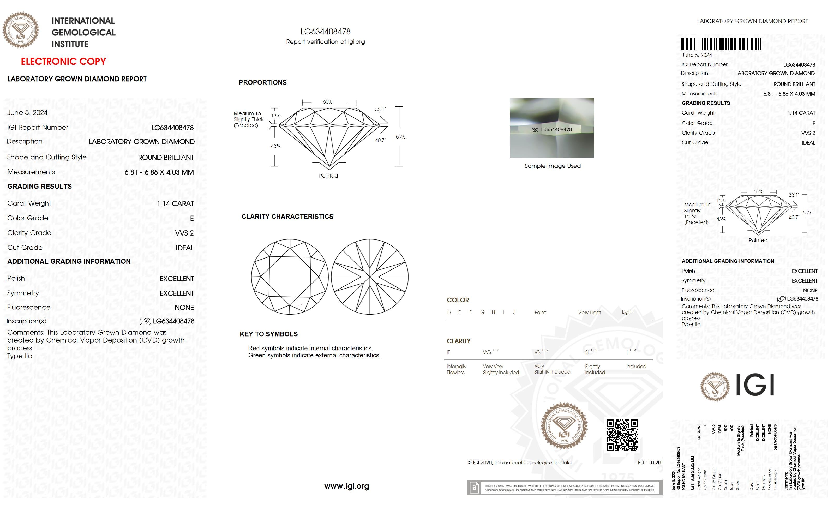 1.14 Ct. Round Wholesale IGI Certified Lab Grown Loose Diamond. (VVS2 / E)