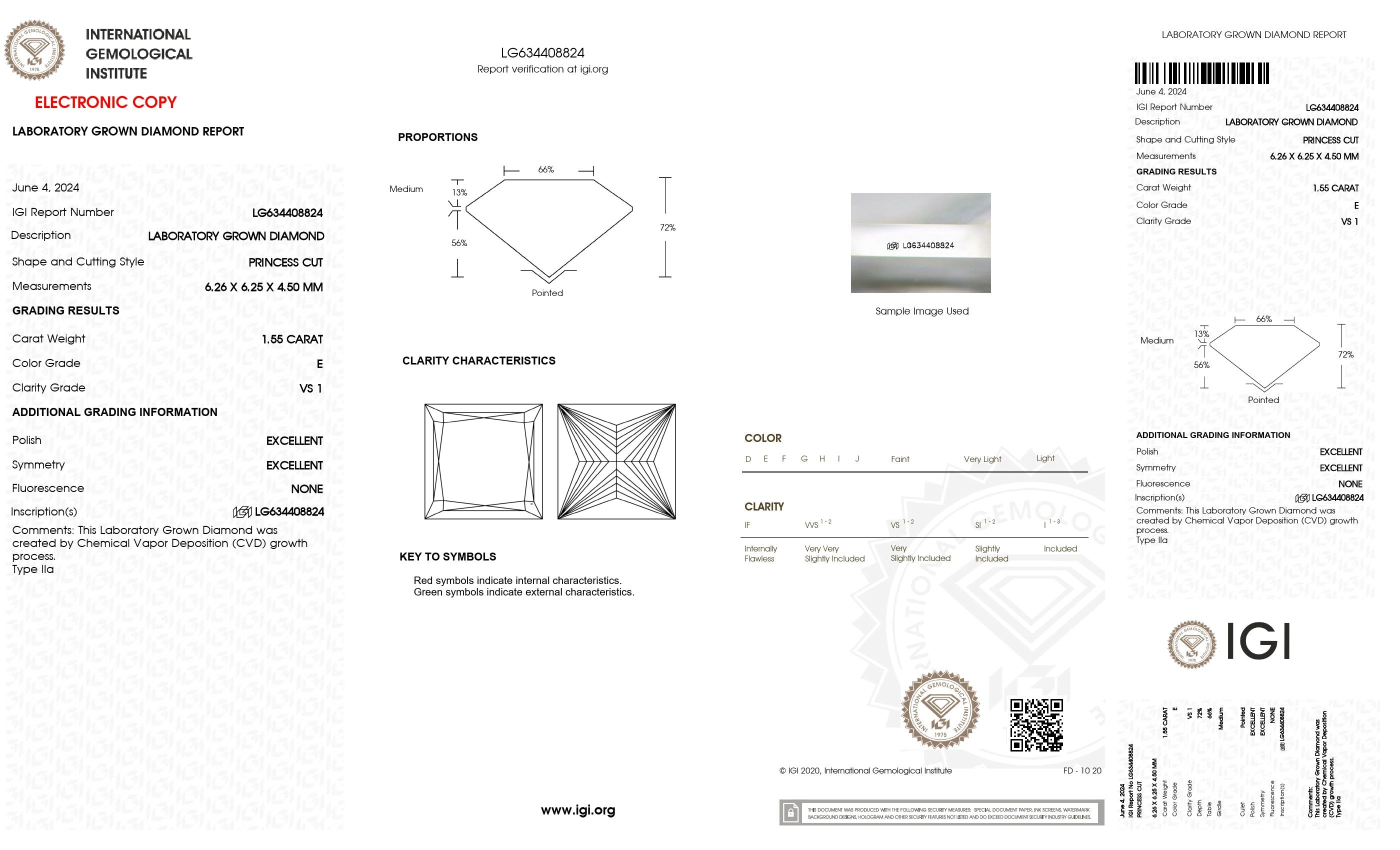 1.55 ct. Princess Wholesale IGI Certified Lab Grown Loose Diamond. (VS1 / E)