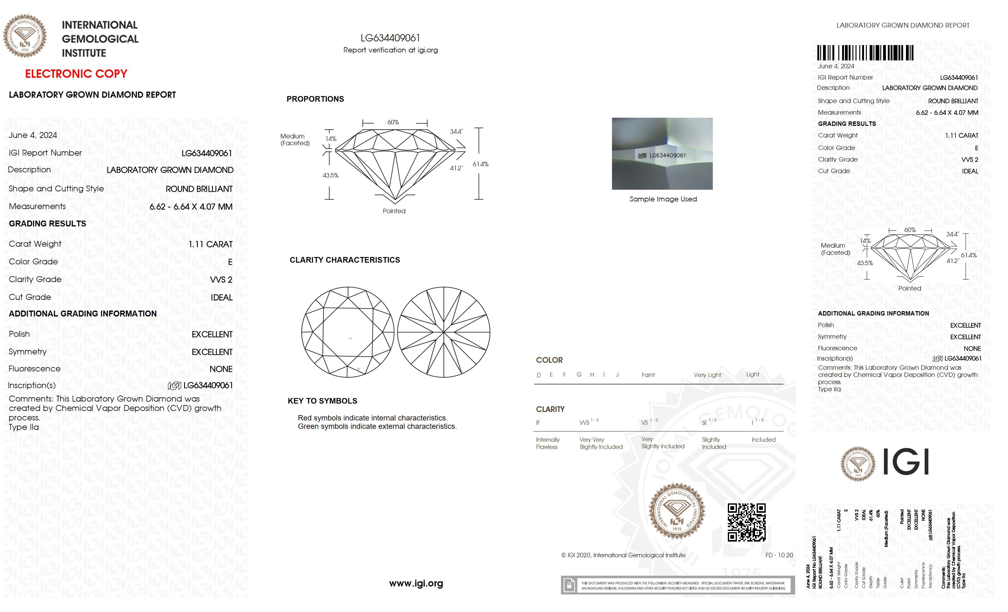 1.11 Ct. Round Wholesale IGI Certified Lab Grown Loose Diamond. (VVS2 / E)