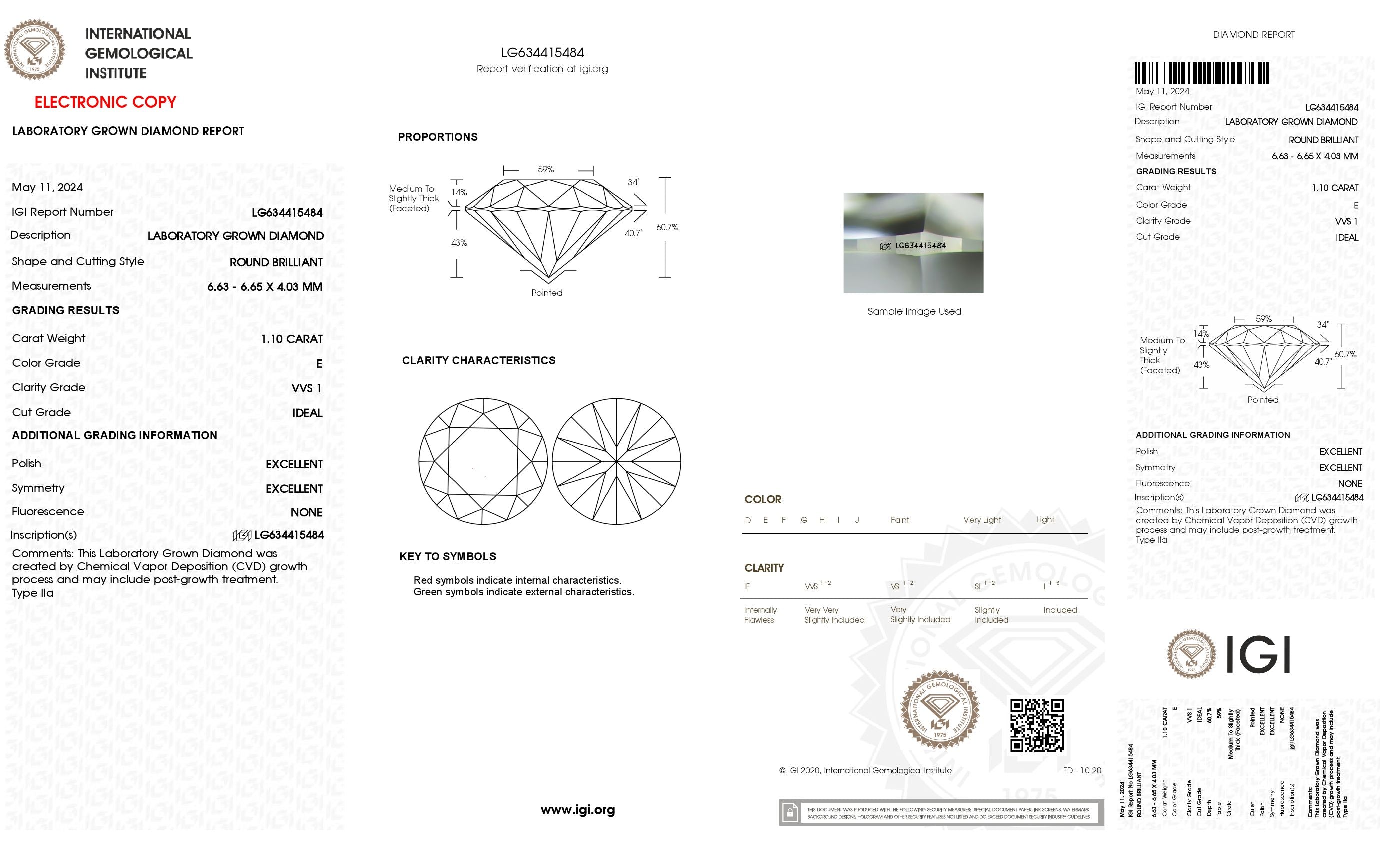 1.1 Ct. Round Wholesale IGI Certified Lab Grown Loose Diamond. (VVS1 / E)