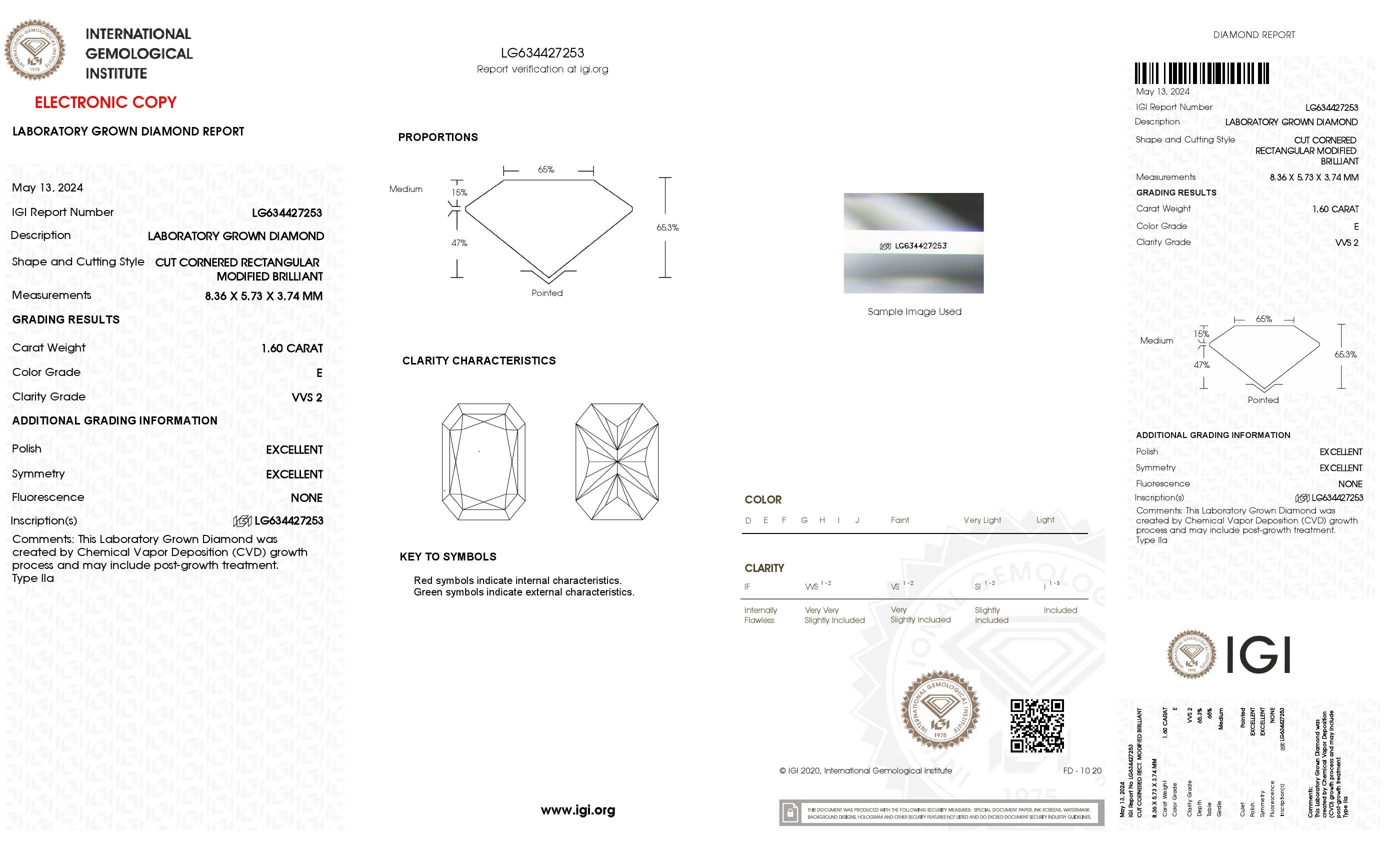 1.60 ct. Radiant Wholesale IGI Certified Lab Grown Loose Diamond. (VVS2 / E)