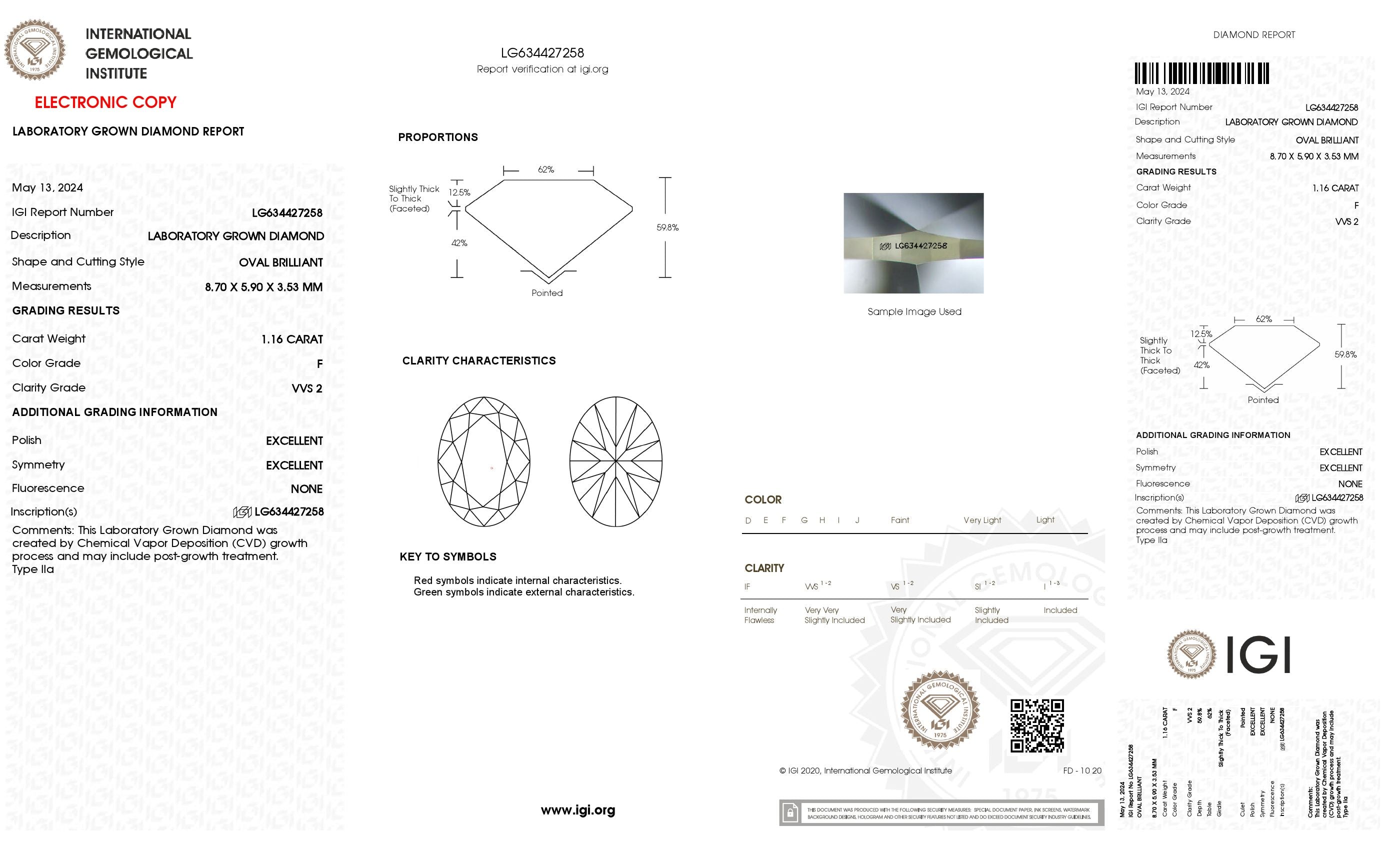 1.16 ct. Oval Wholesale IGI Certified Lab Grown Loose Diamond. (VVS2 / F)