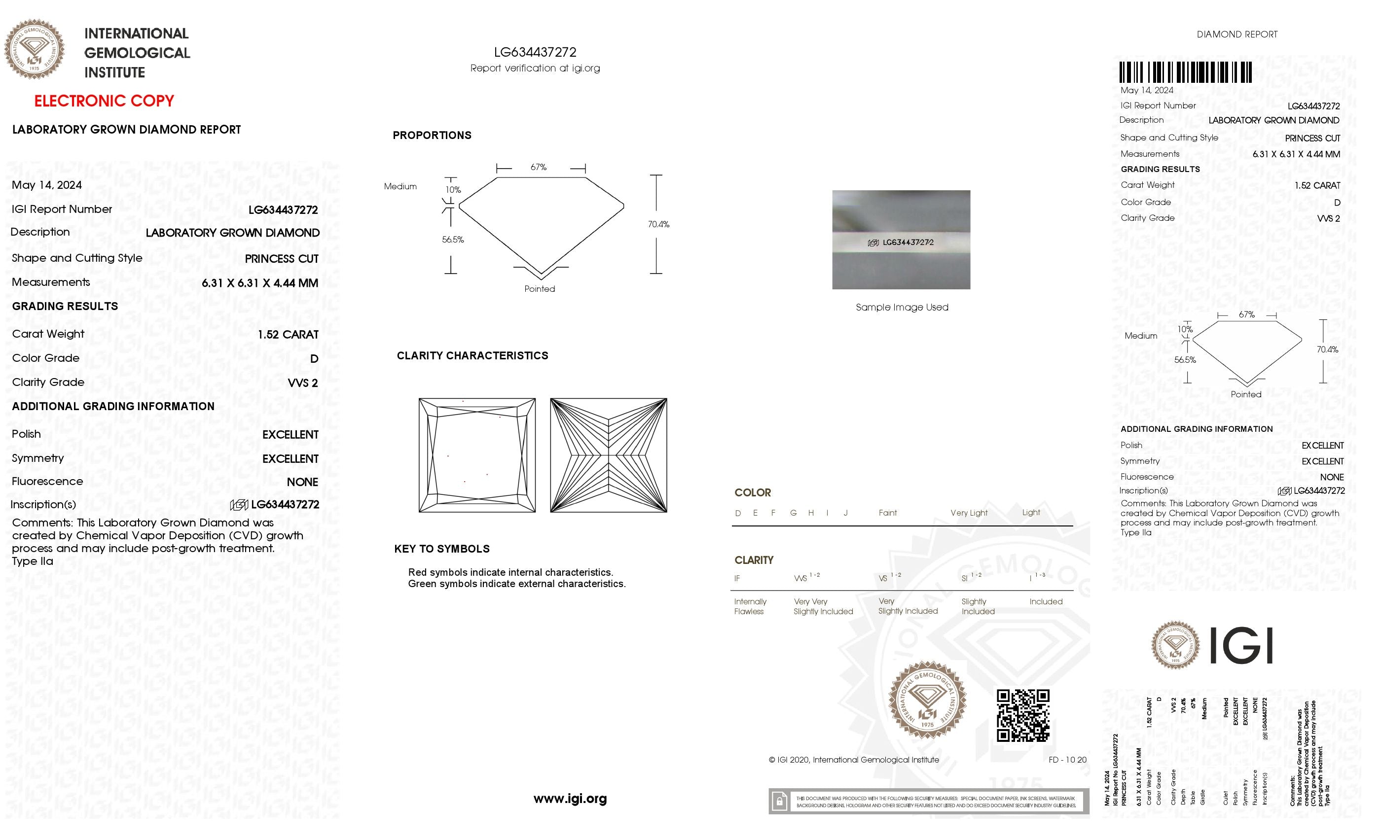 1.52 ct. Princess Wholesale IGI Certified Lab Grown Loose Diamond. (VVS2 / D)