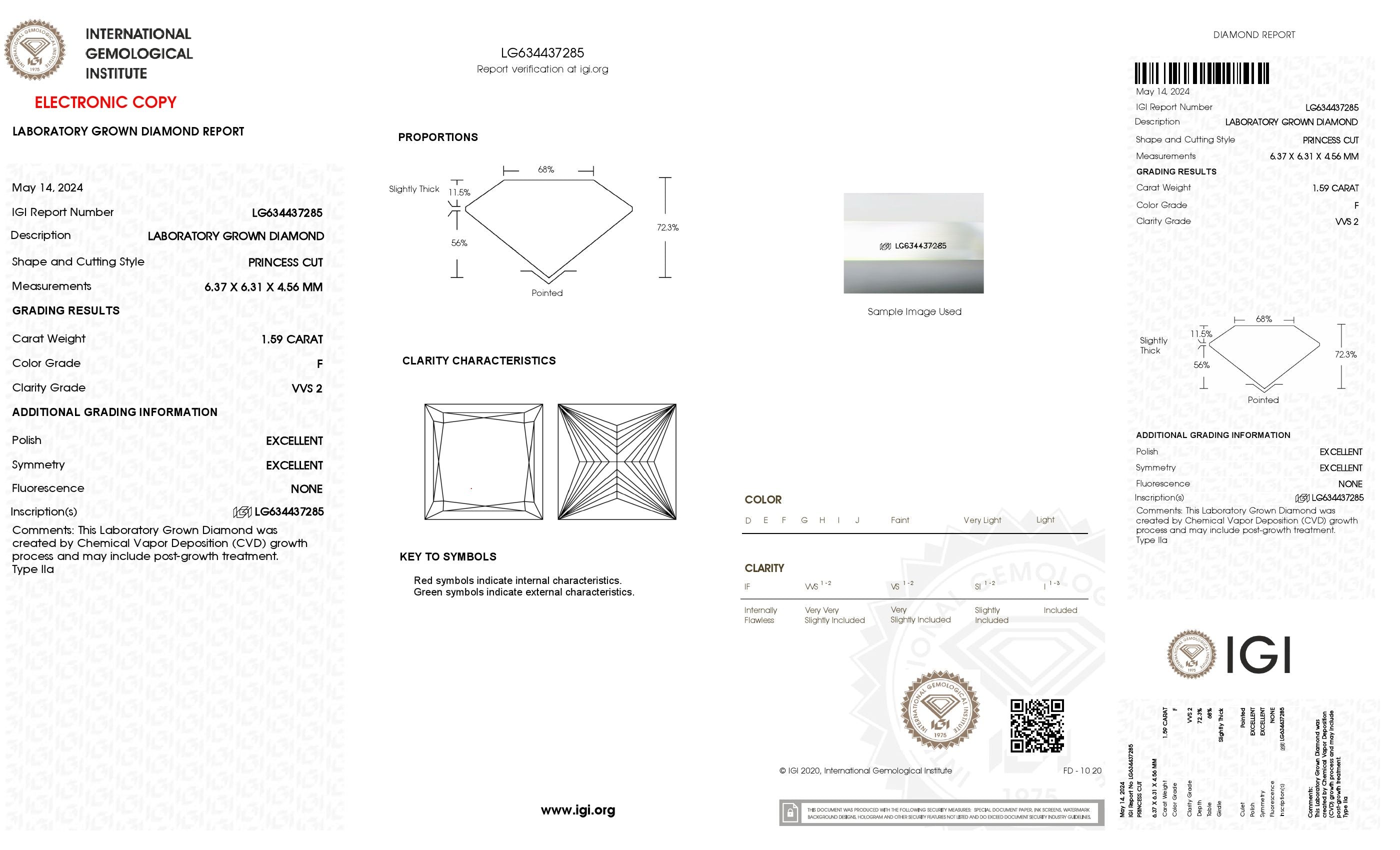 1.59 Ct. Princess Wholesale IGI Certified Lab Grown Loose Diamond. (VVS2 / F)