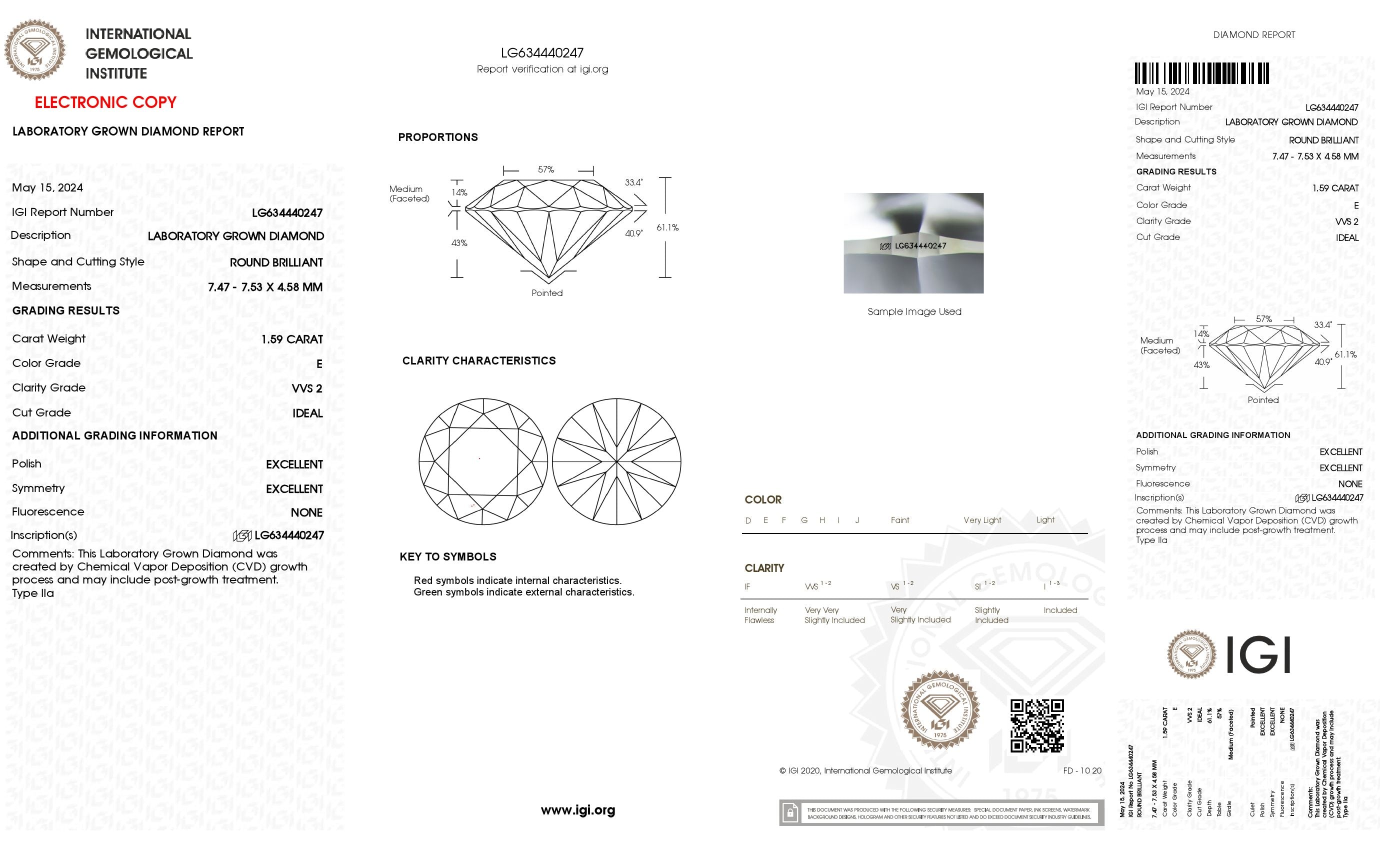 1.59 ct. Round Wholesale IGI Certified Lab Grown Loose Diamond. (VVS2 / E)