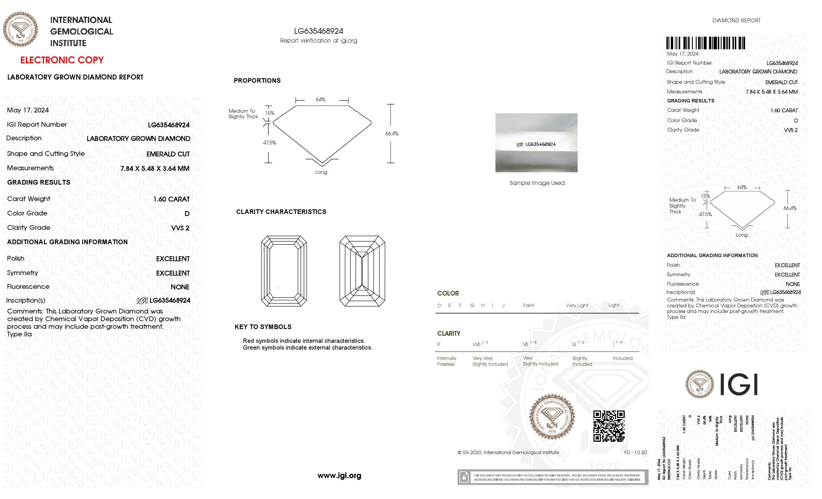 1.60 ct. Emerald Wholesale IGI Certified Lab Grown Loose Diamond. (VVS2 / D)