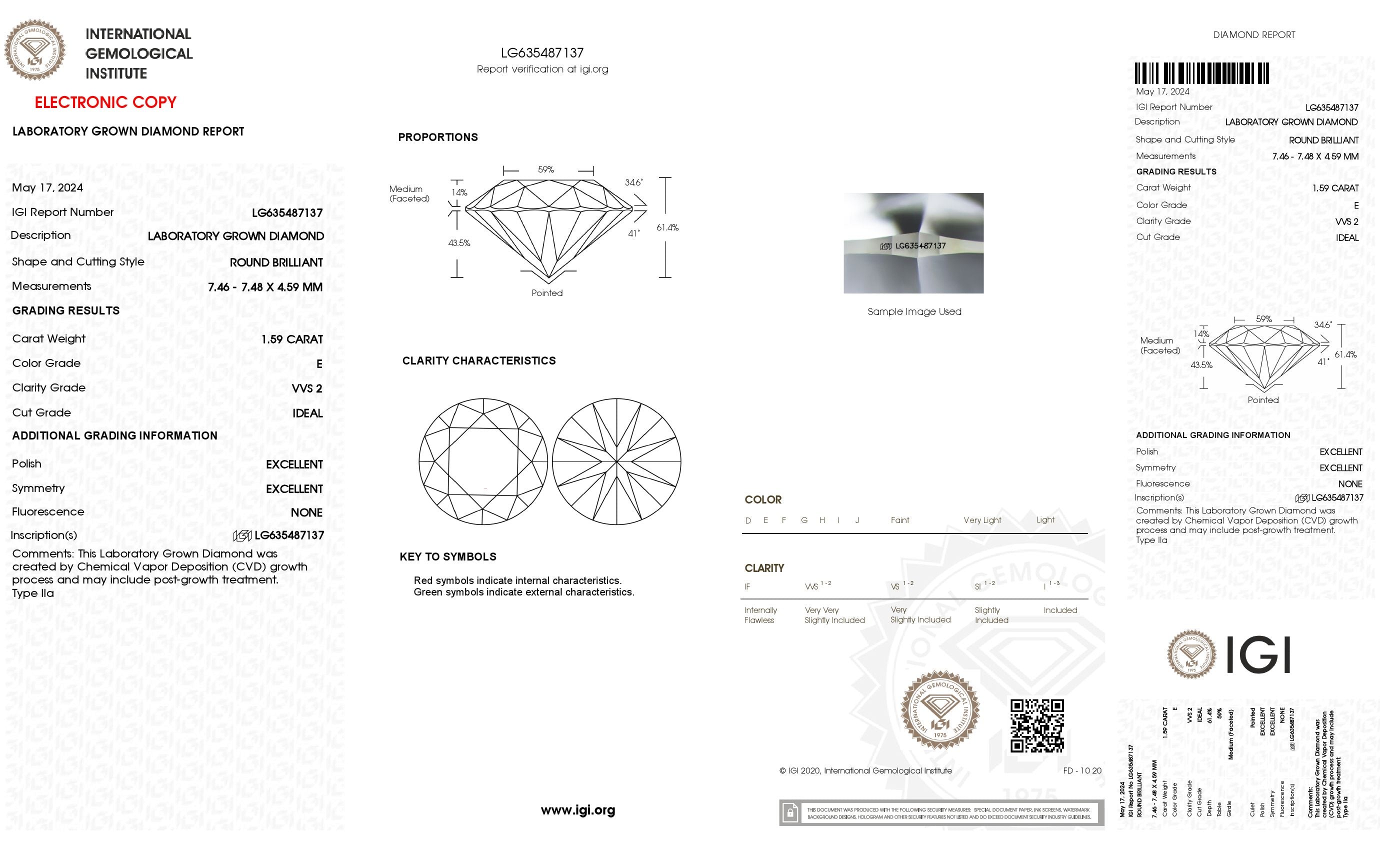 1.59 ct. Round Wholesale IGI Certified Lab Grown Loose Diamond. (VVS2 / E)