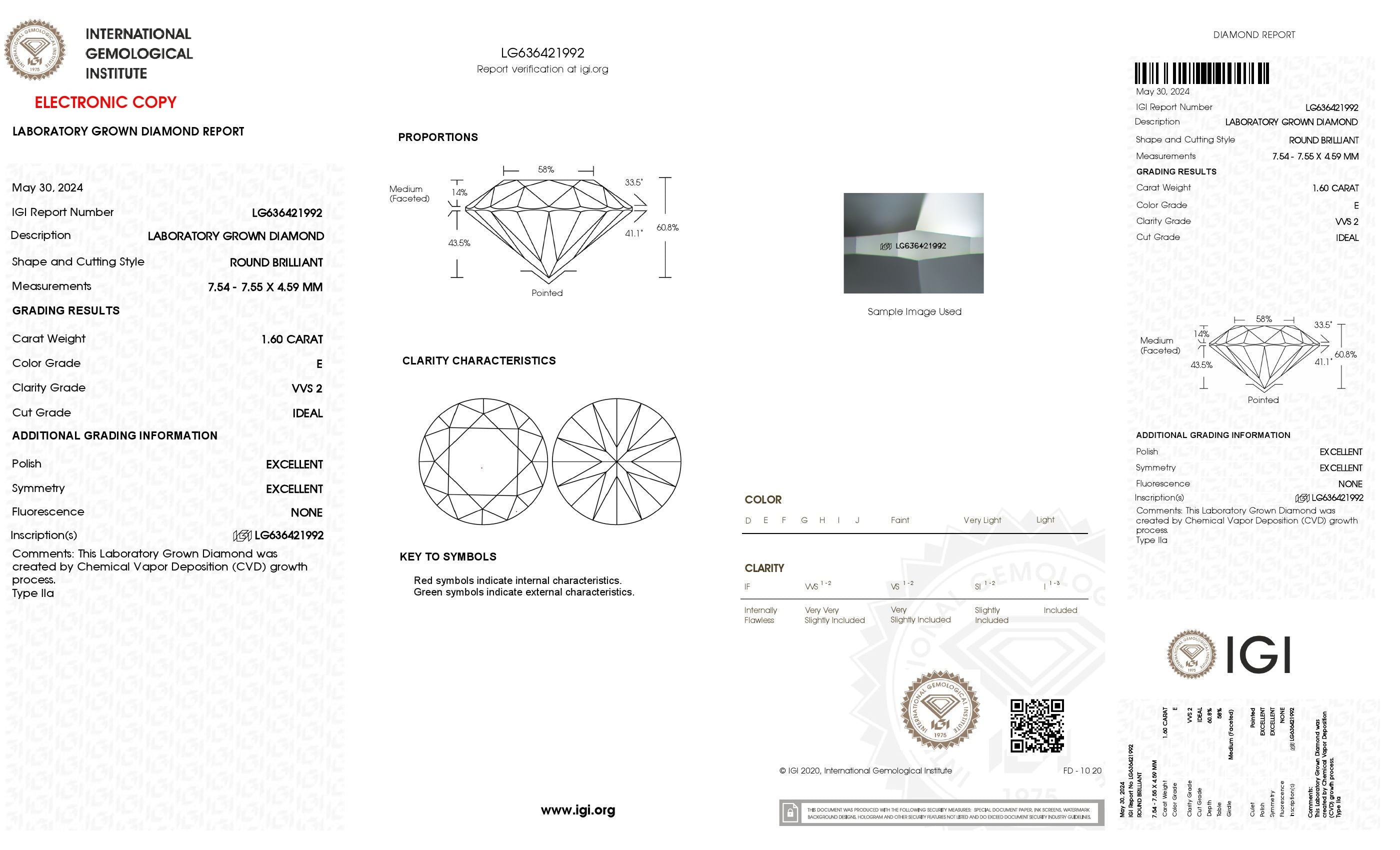 1.60 ct. Round Wholesale IGI Certified Lab Grown Loose Diamond. (VVS2 / E)