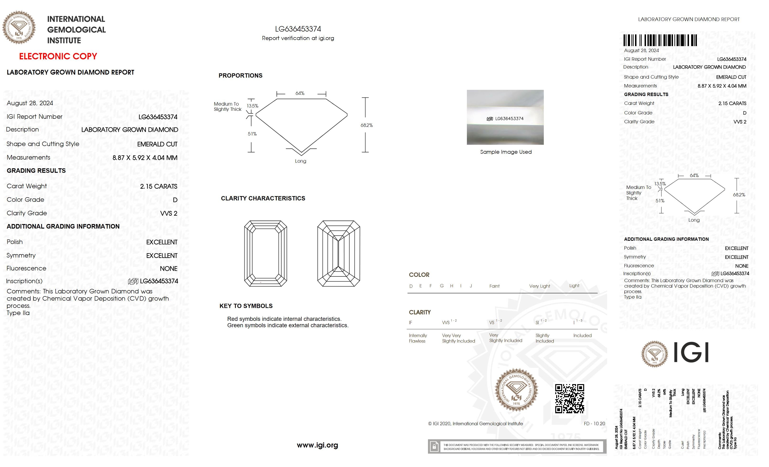 2.15 Ct. Emerald Wholesale IGI Certified Lab Grown Loose Diamond. (VVS2 / D)