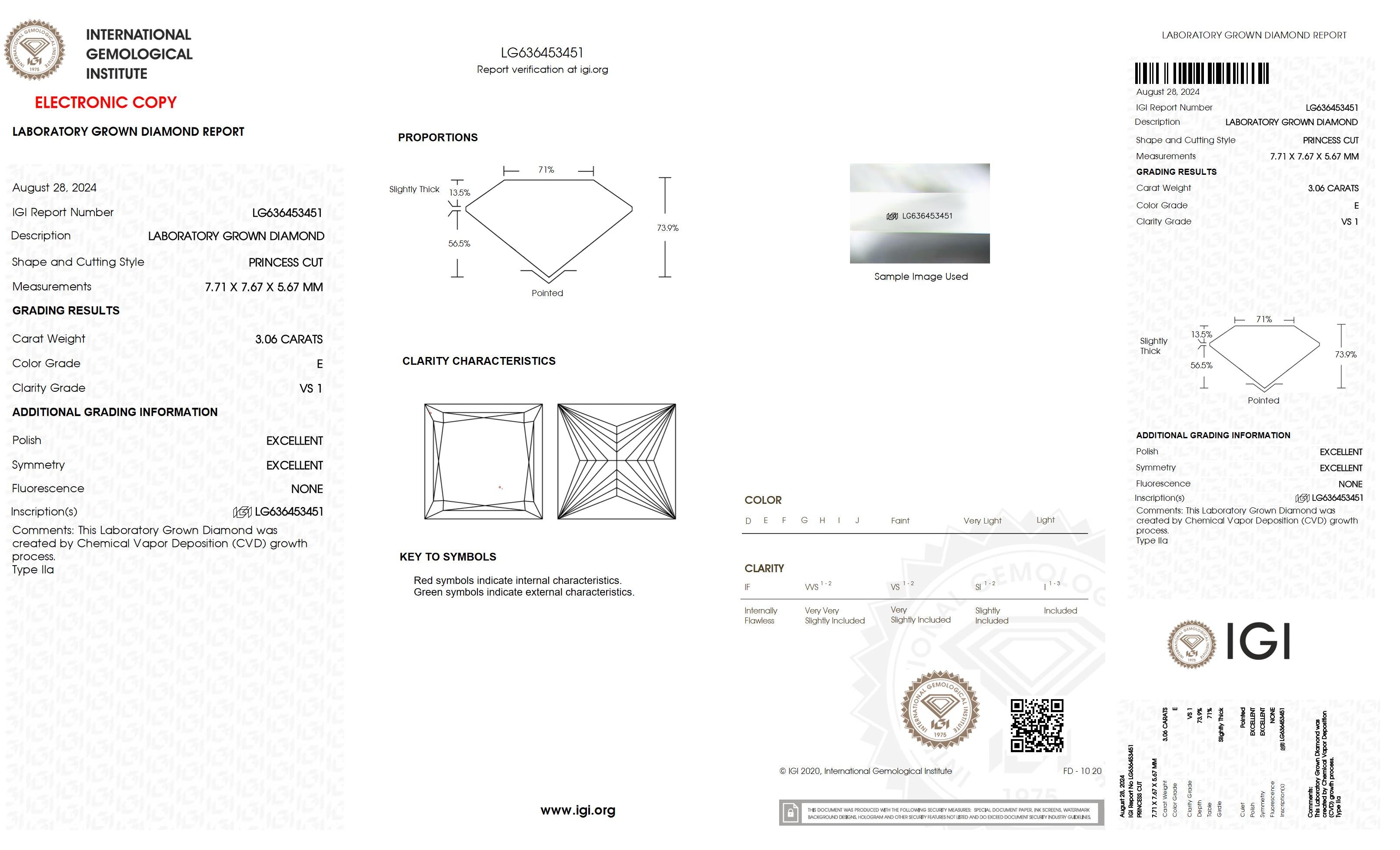3.06 Ct. Princess Wholesale IGI Certified Lab Grown Loose Diamond. (VS1 / E)