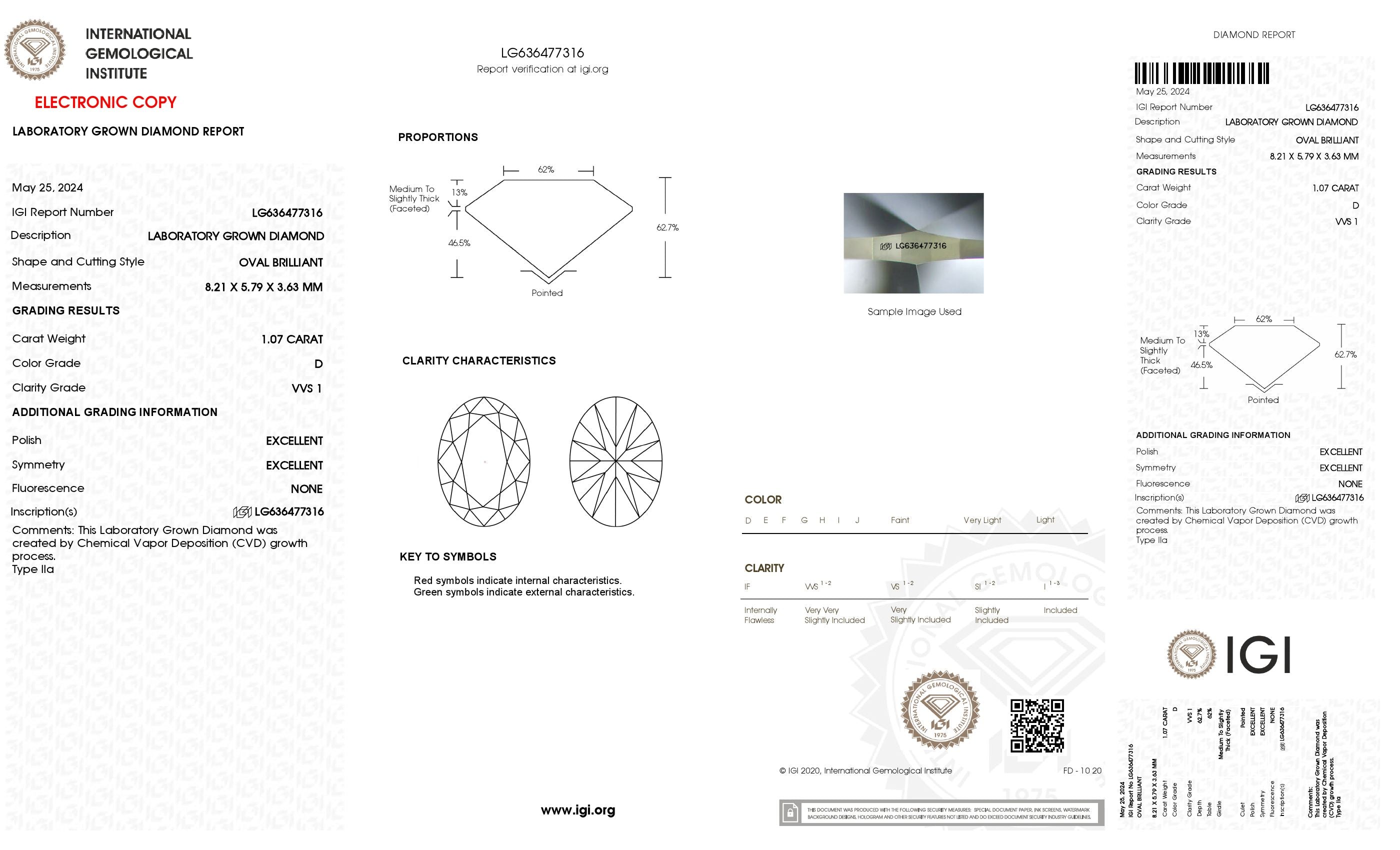 1.07 ct. Oval Wholesale IGI Certified Lab Grown Loose Diamond. (VVS1 / D)