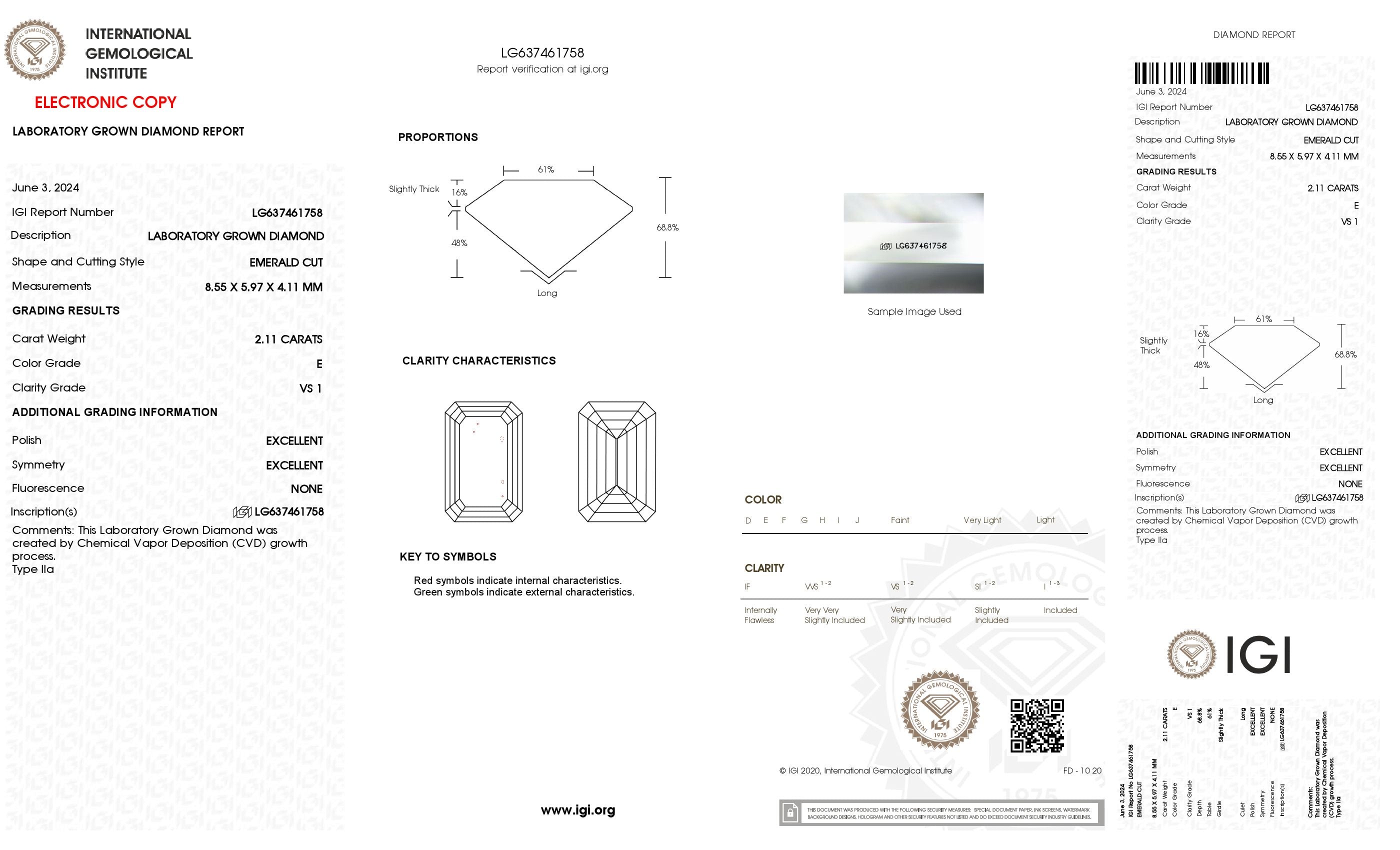 2.11 ct. Emerald Wholesale IGI Certified Lab Grown Loose Diamond. (VS1 / E)