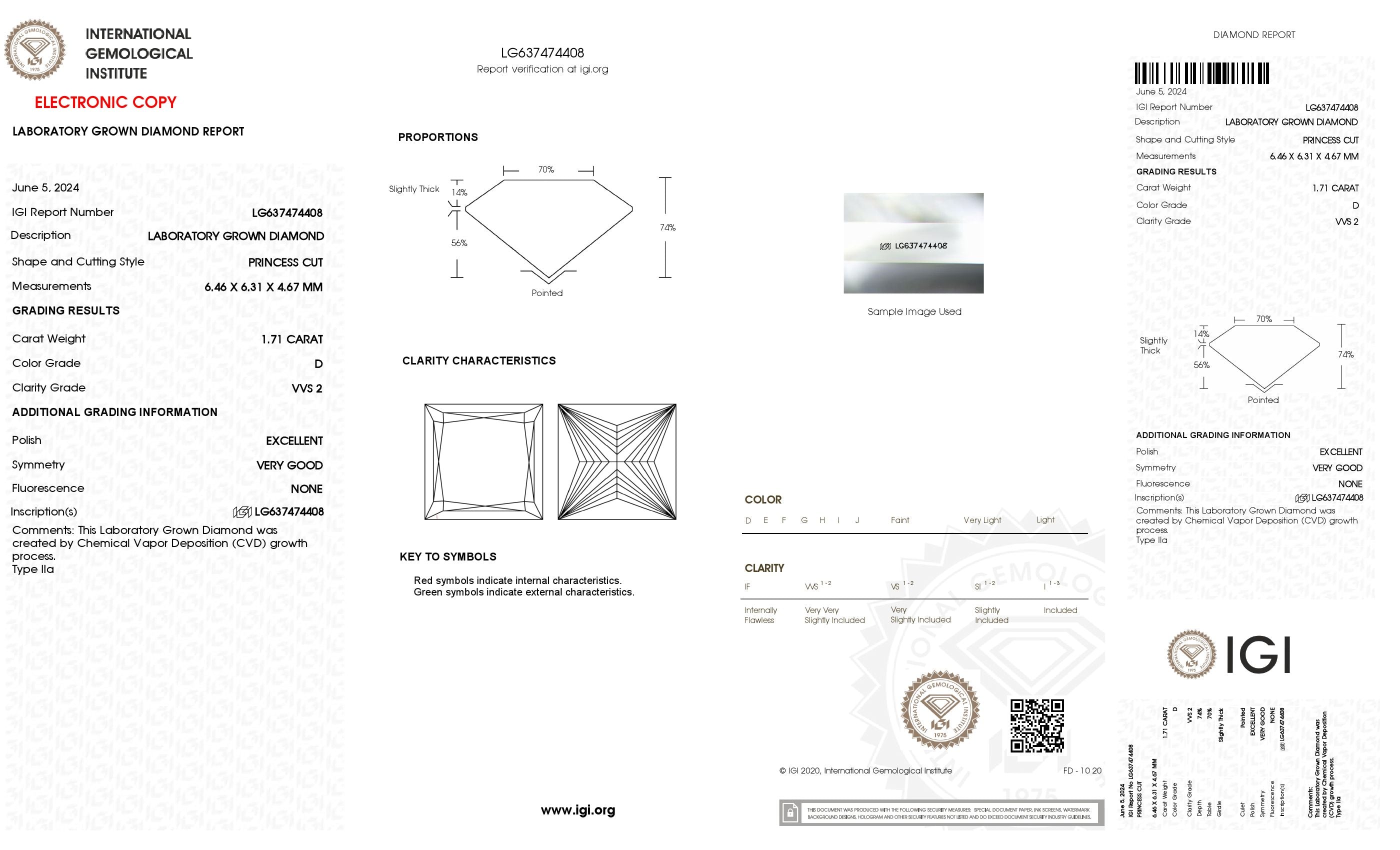 1.71 ct. Princess Wholesale IGI Certified Lab Grown Loose Diamond. (VVS2 / D)