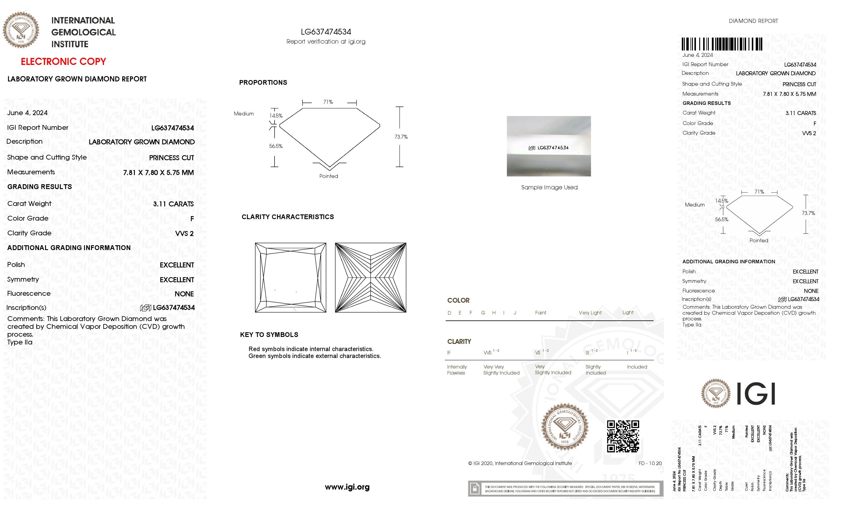 3.11 ct. Princess Wholesale IGI Certified Lab Grown Loose Diamond. (VVS2 / F)