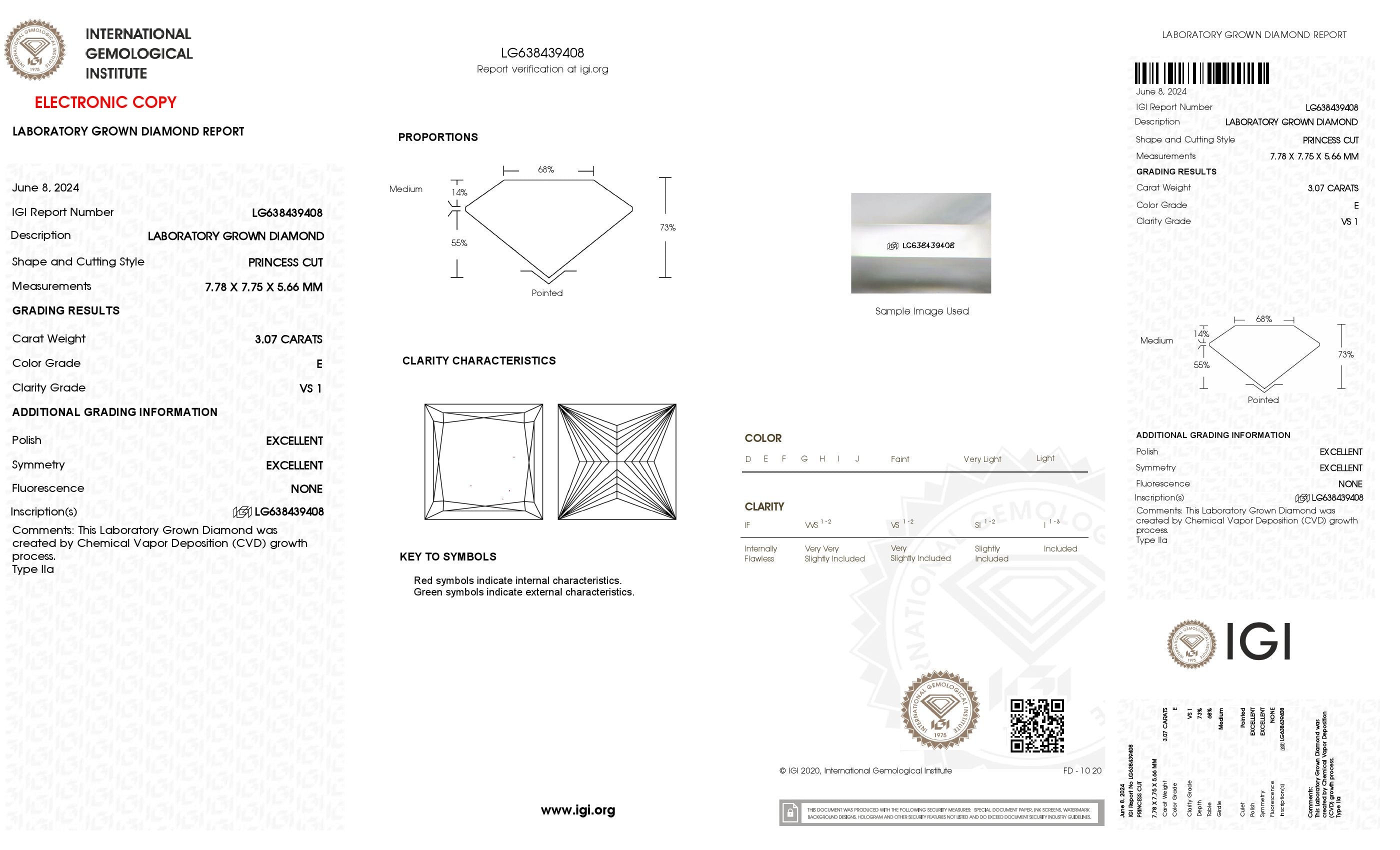 3.07 Ct. Princess Wholesale IGI Certified Lab Grown Loose Diamond. (VS1 / E)