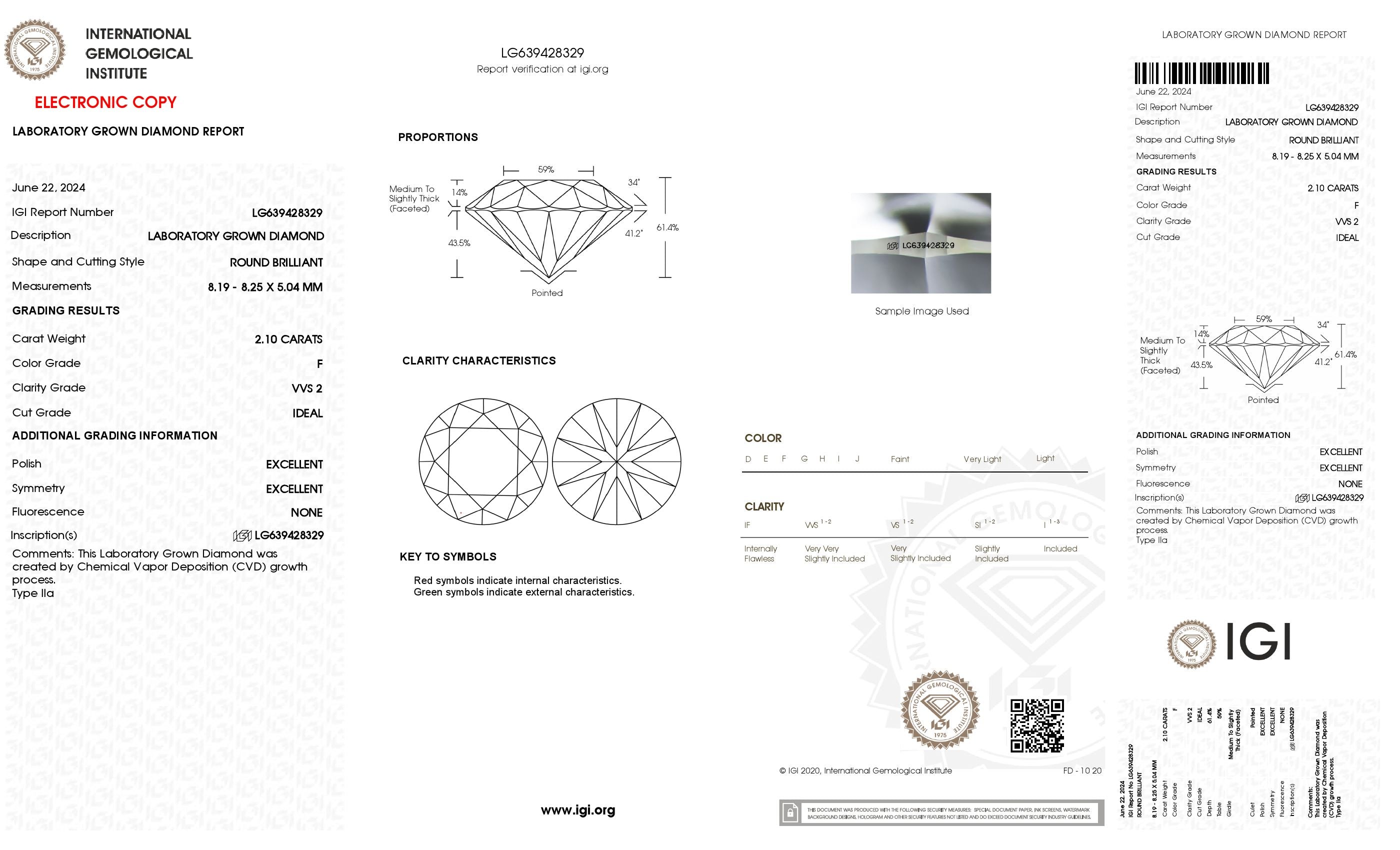 2.1 Ct. Round Wholesale IGI Certified Lab Grown Loose Diamond. (VVS2 / F)