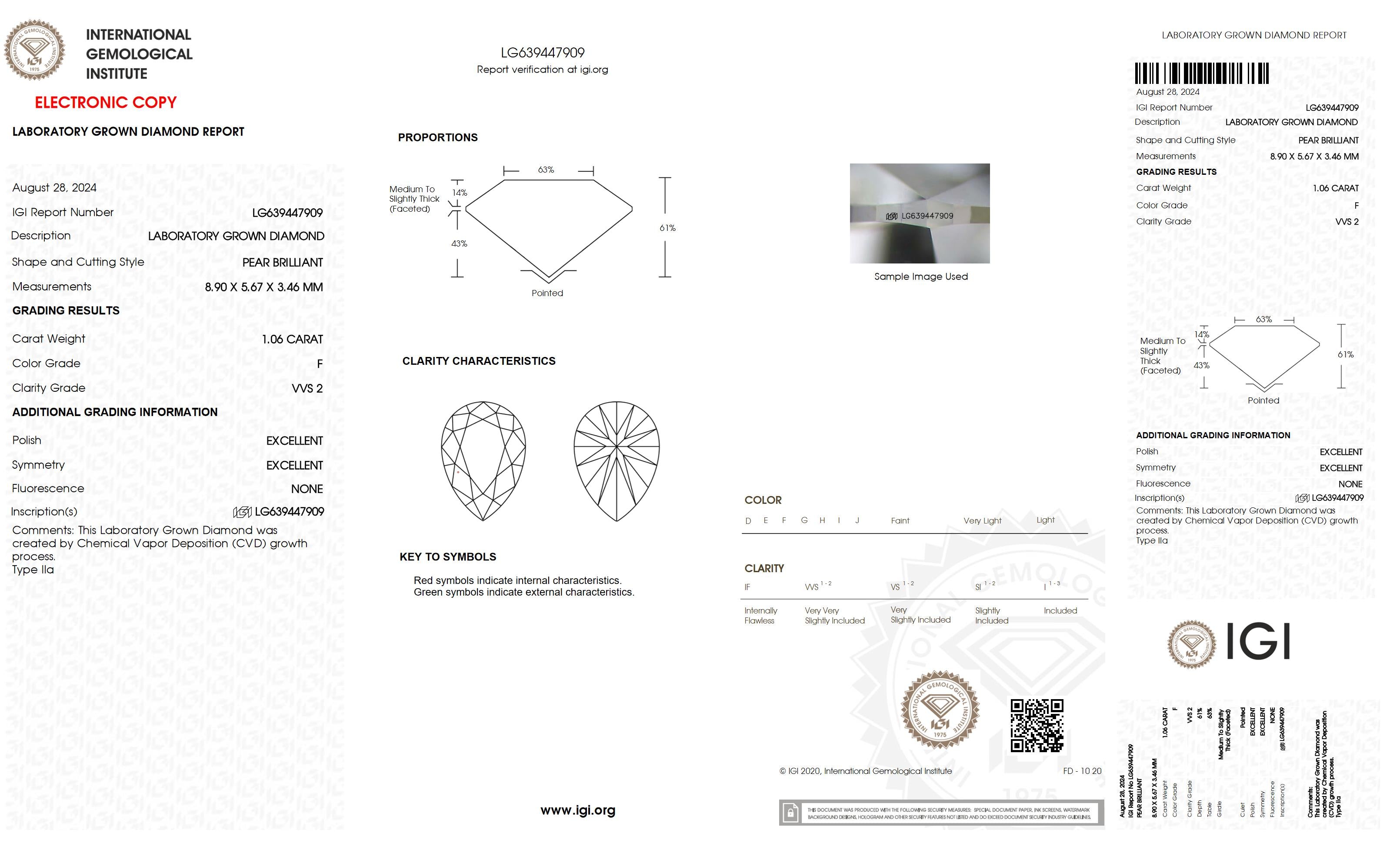 1.06 Ct. Pear Wholesale IGI Certified Lab Grown Loose Diamond. (VVS2 / F)