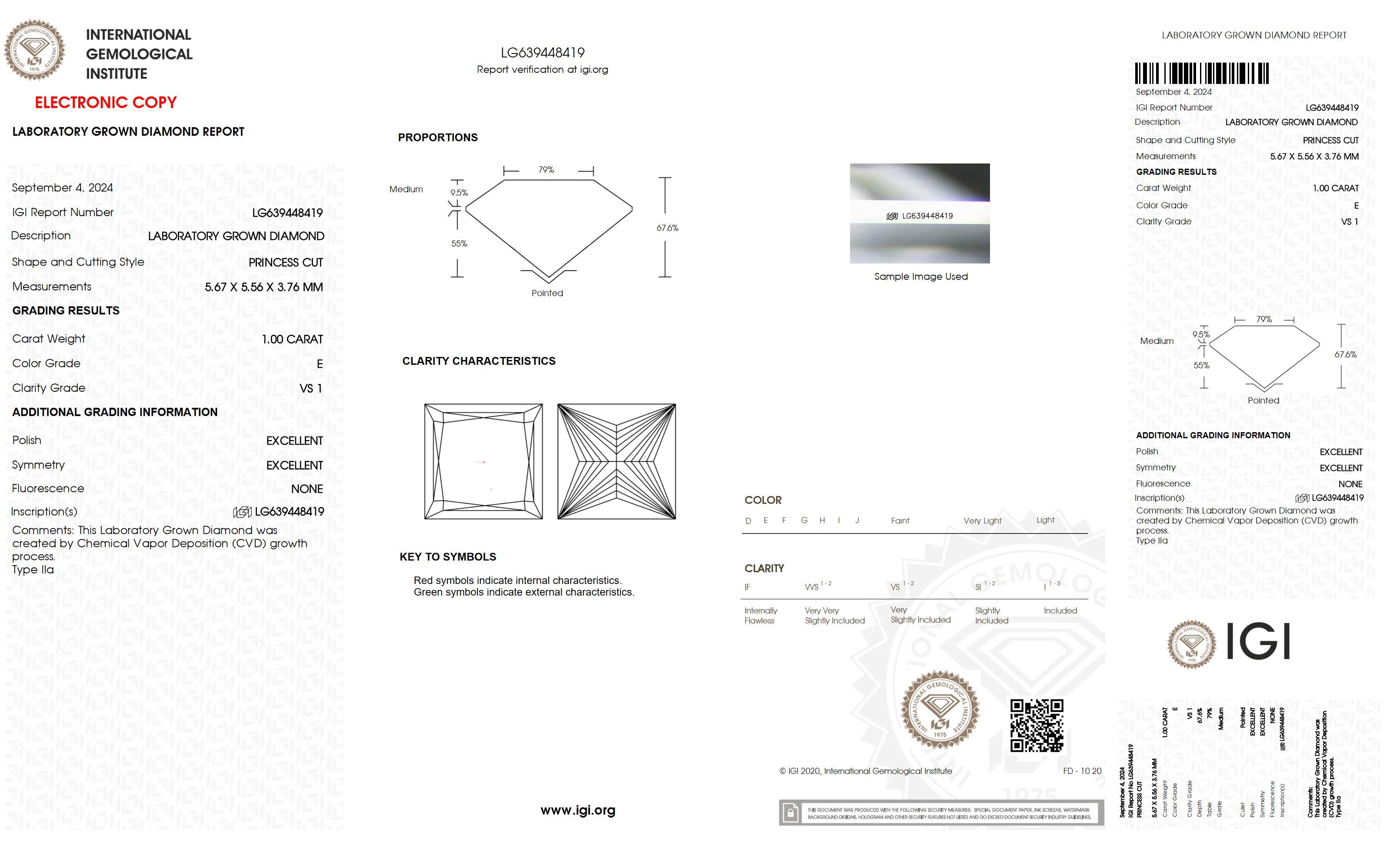 1 Ct. Princess Wholesale IGI Certified Lab Grown Loose Diamond. (VS1 / E)