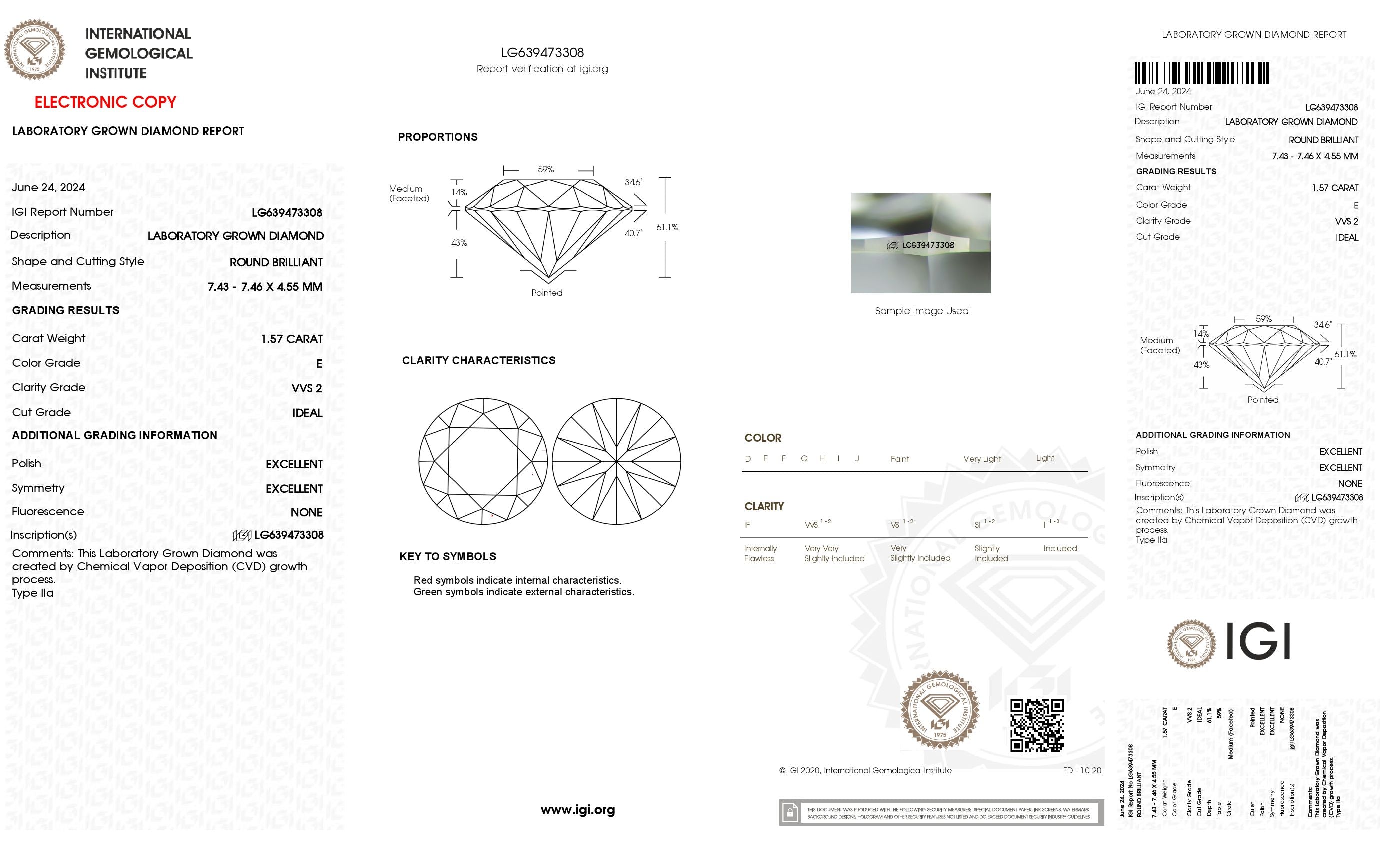 1.57 Ct. Round Wholesale IGI Certified Lab Grown Loose Diamond. (VVS2 / E)