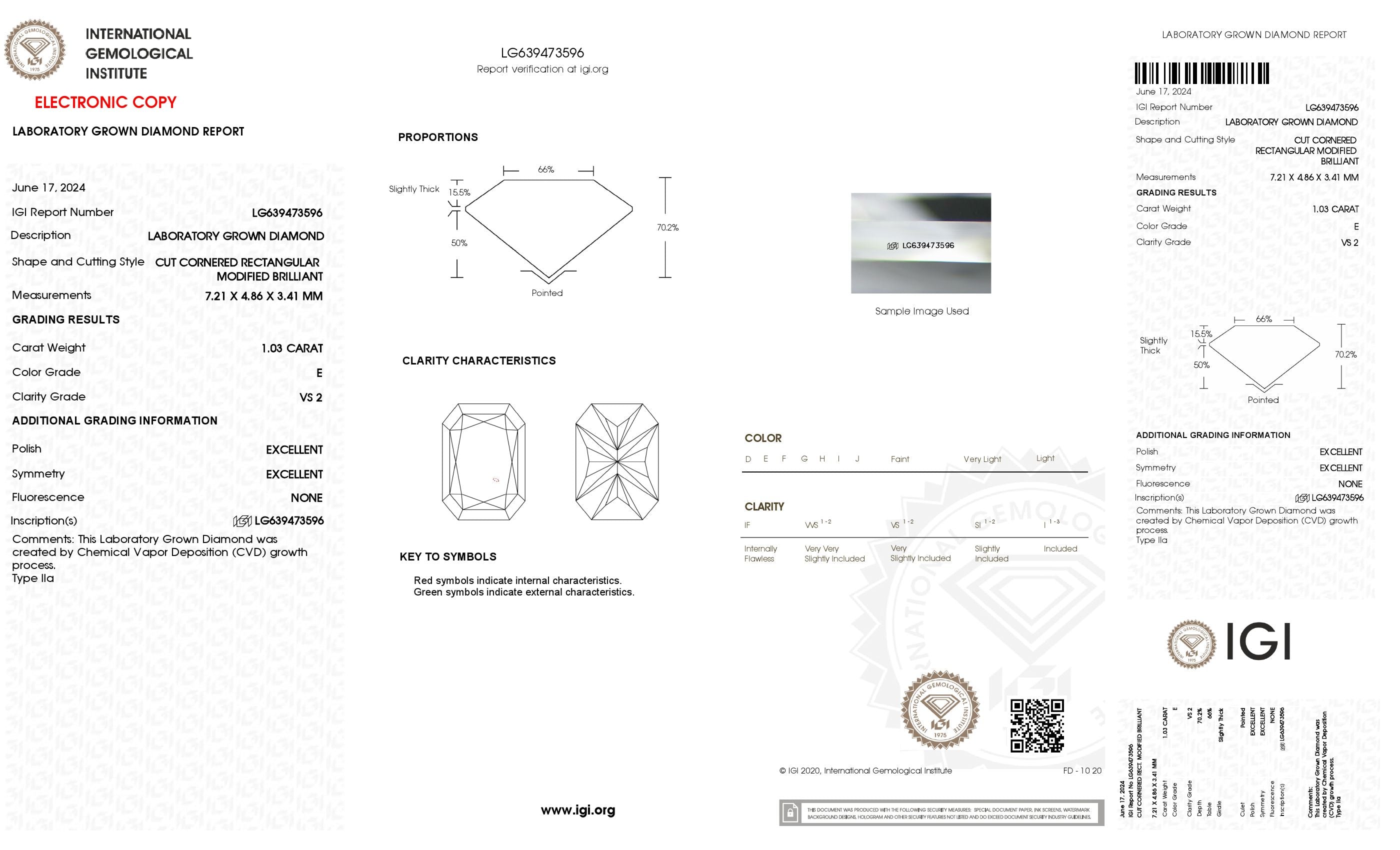 1.03 ct. Radiant Wholesale IGI Certified Lab Grown Loose Diamond. (VS2 / E)