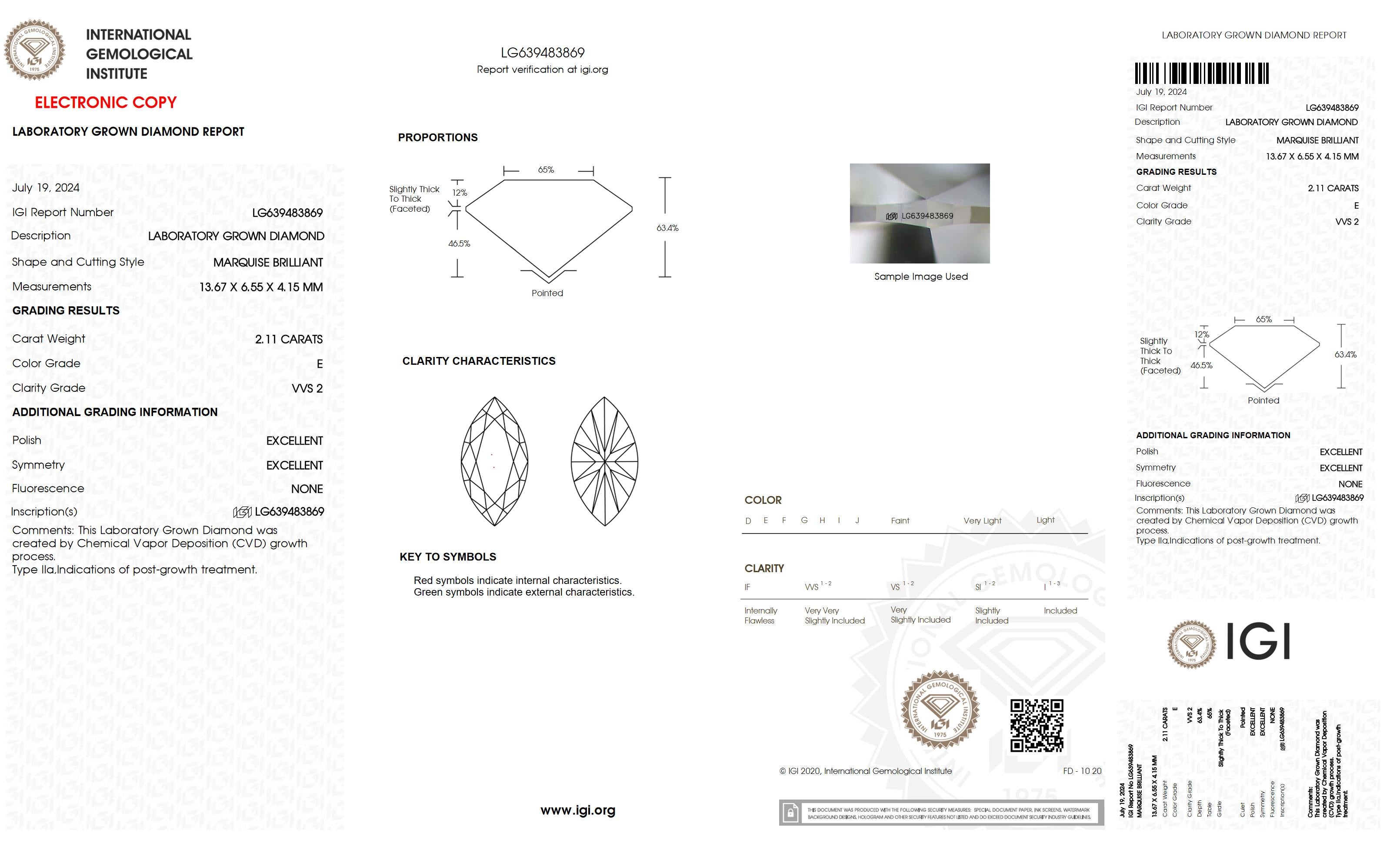 2.11 Ct. Marquise Wholesale IGI Certified Lab Grown Loose Diamond. (VVS2 / E)