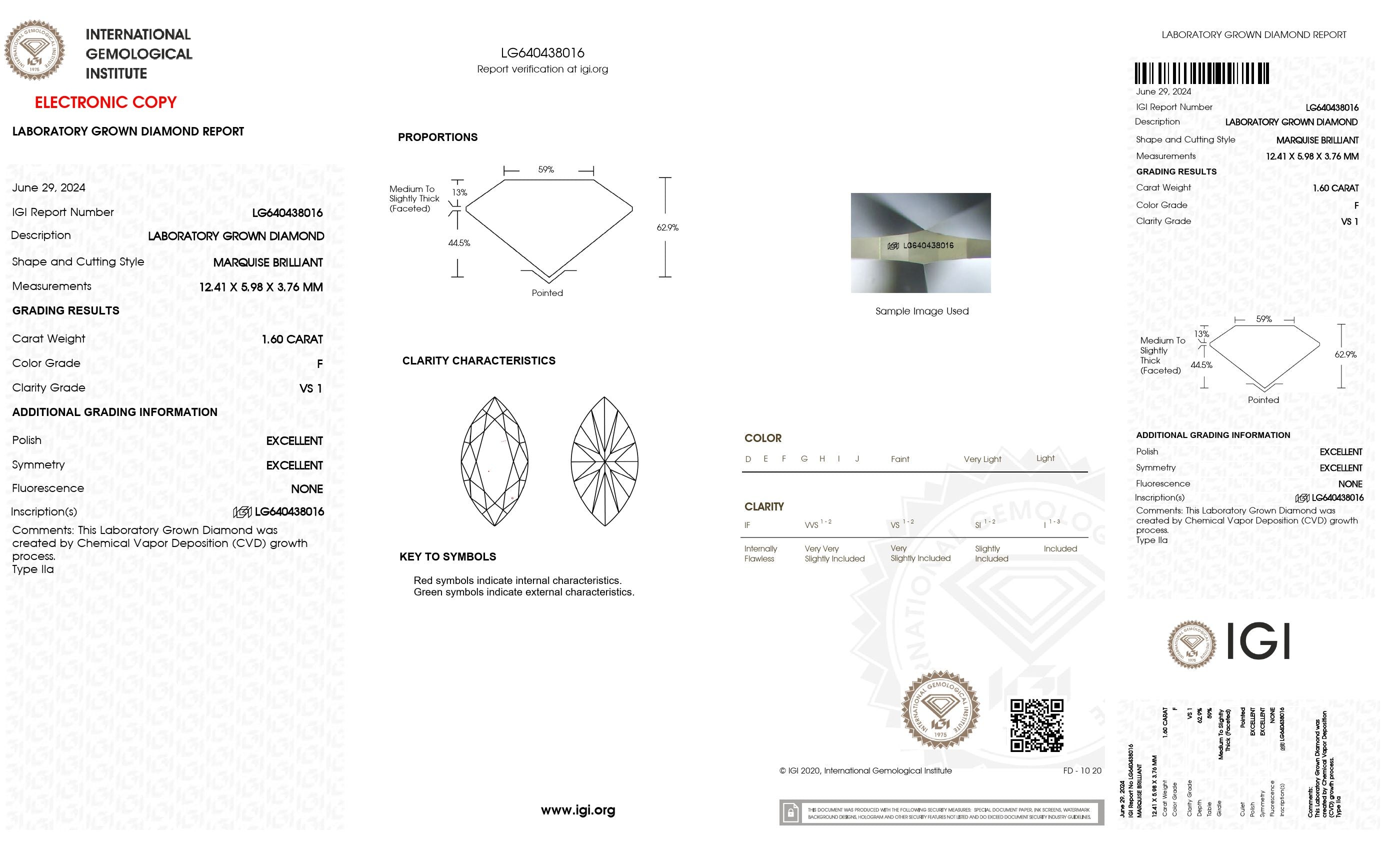 1.60 ct. Marquise Wholesale IGI Certified Lab Grown Loose Diamond. (VS1 / F)