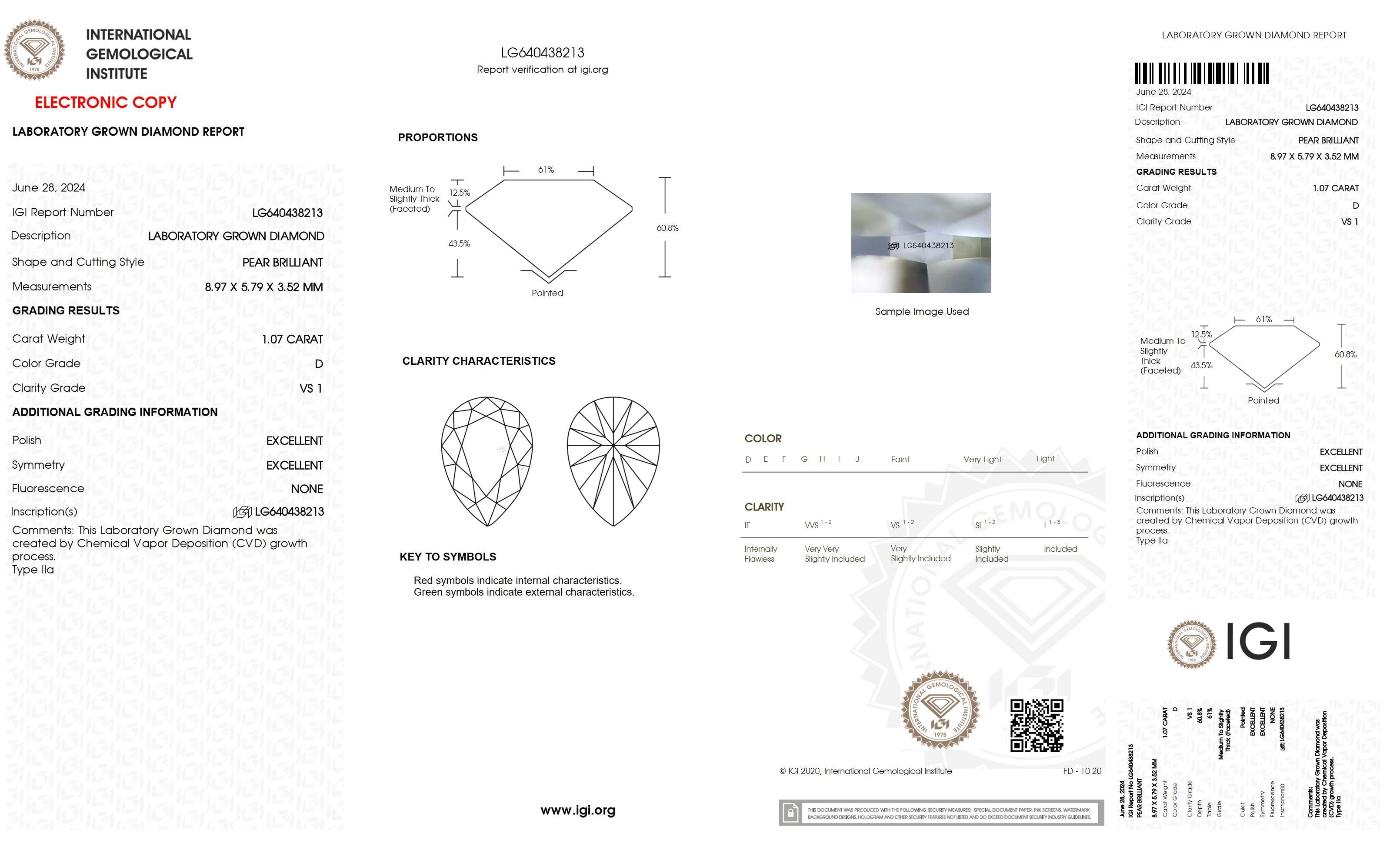 1.07 Ct. Pear Wholesale IGI Certified Lab Grown Loose Diamond. (VS1 / D)