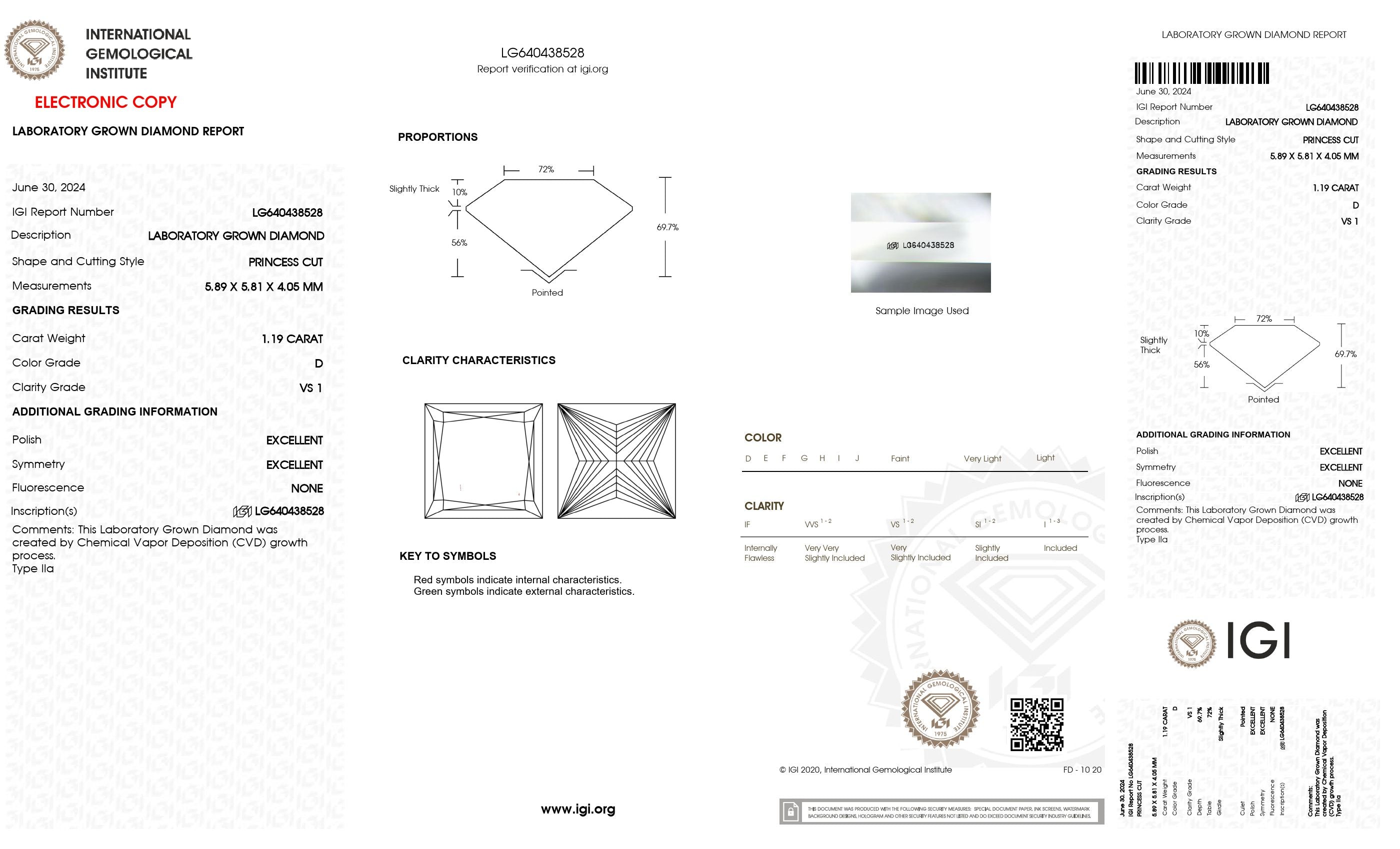1.19 ct. Princess Wholesale IGI Certified Lab Grown Loose Diamond. (VS1 / D)