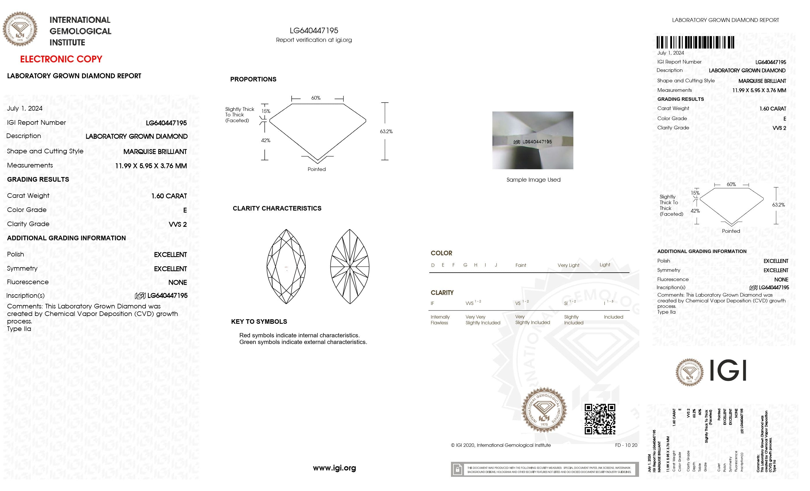 1.60 ct. Marquise Wholesale IGI Certified Lab Grown Loose Diamond. (VVS2 / E)