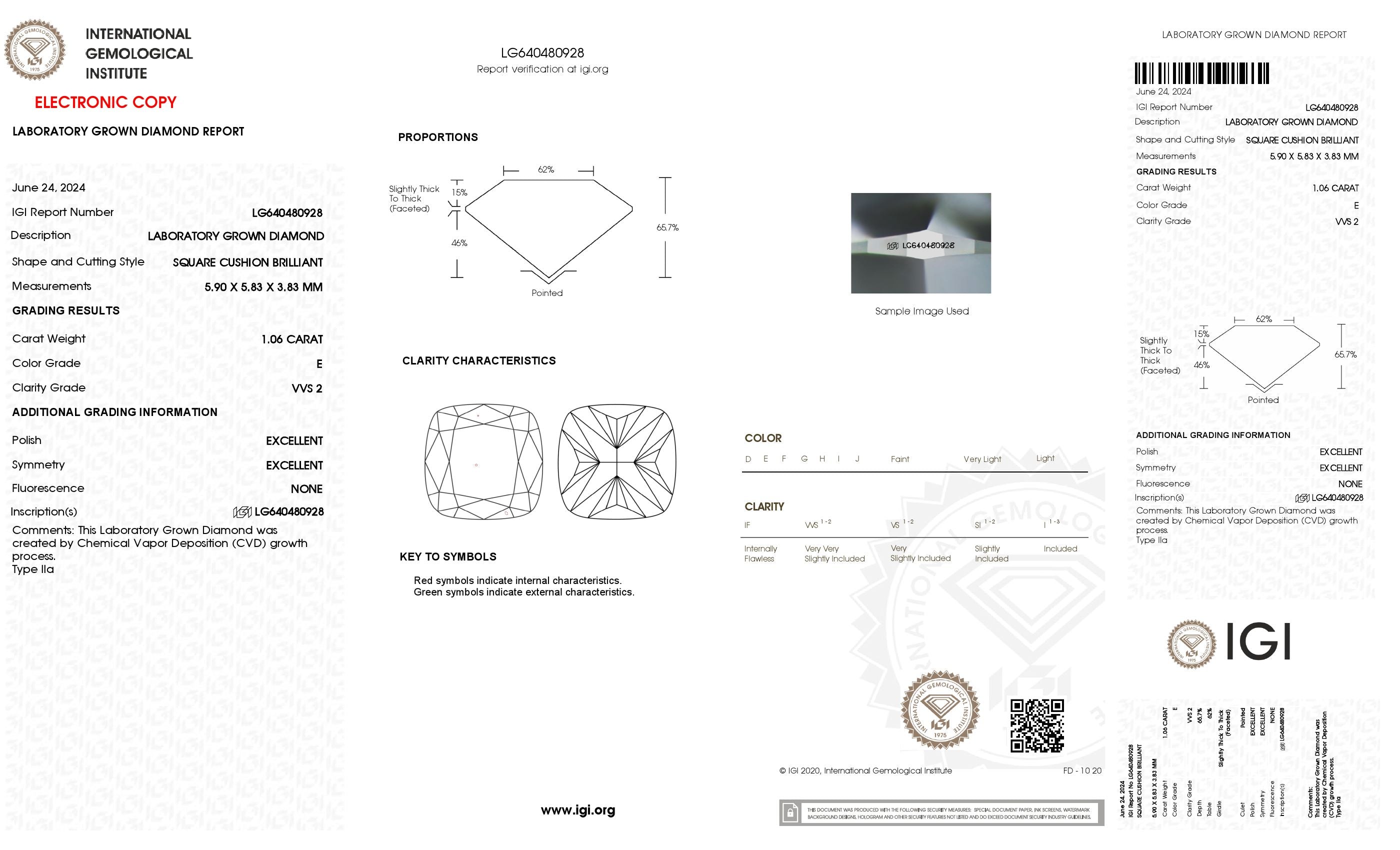 1.06 ct. Cushion Wholesale IGI Certified Lab Grown Loose Diamond. (VVS2 / E)