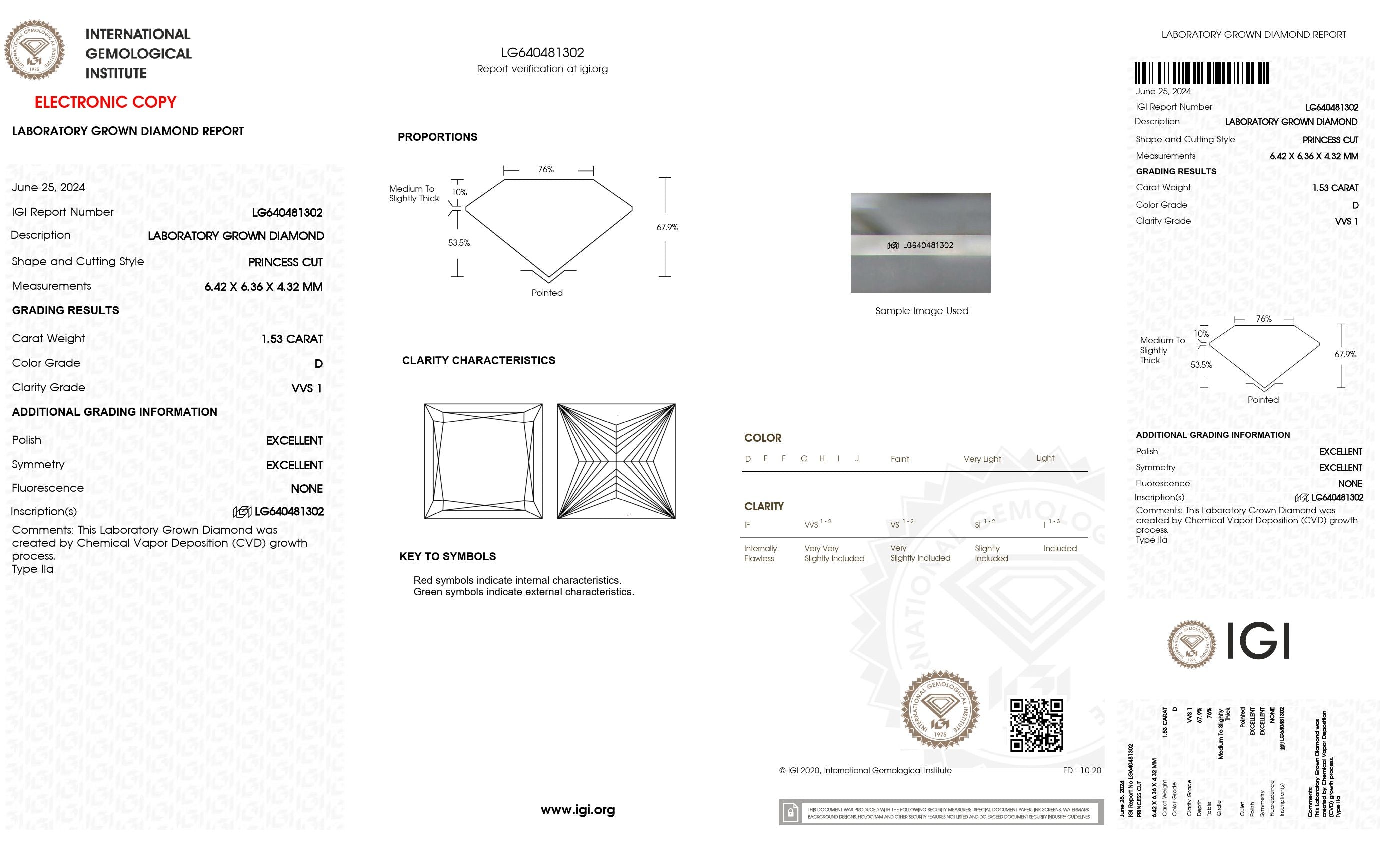 1.53 Ct. Princess Wholesale IGI Certified Lab Grown Loose Diamond. (VVS1 / D)